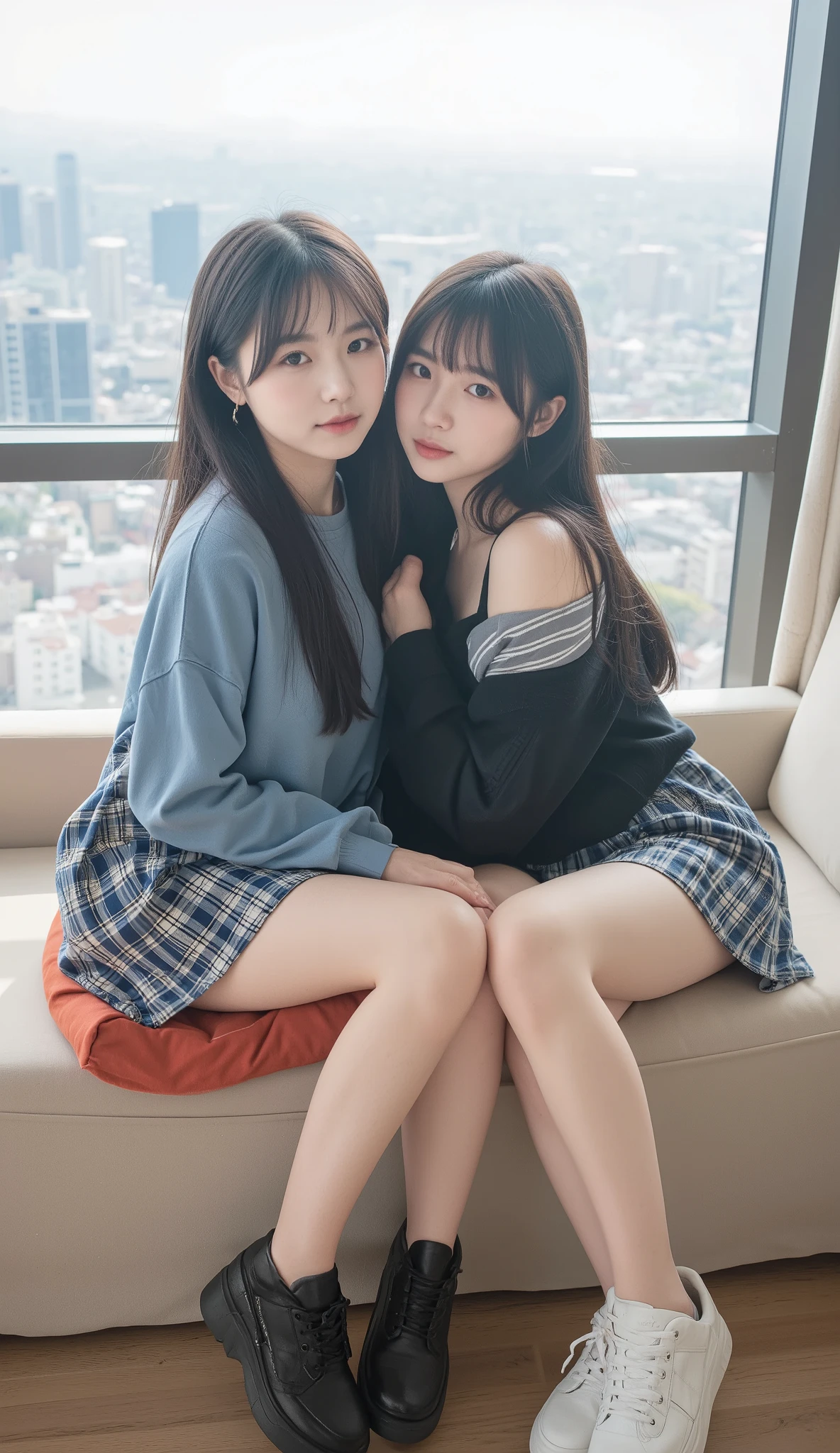 (hight resolution), (in 8K), (ighly detailed), (best pictures), (Beautiful detailed eyes), (top-quality), (ultra-detailliert), (masterpiece), (wall-paper), (详细的脸), realisitic、Photo Real、Two sisters, 16 and 18 year old girls、small flat chest、Big smile、A-cup small breasts、realisticlying、Cafe with a view of the white seaTThe shirt、Black super super mini skirt、White panty,((Open your legs wide))