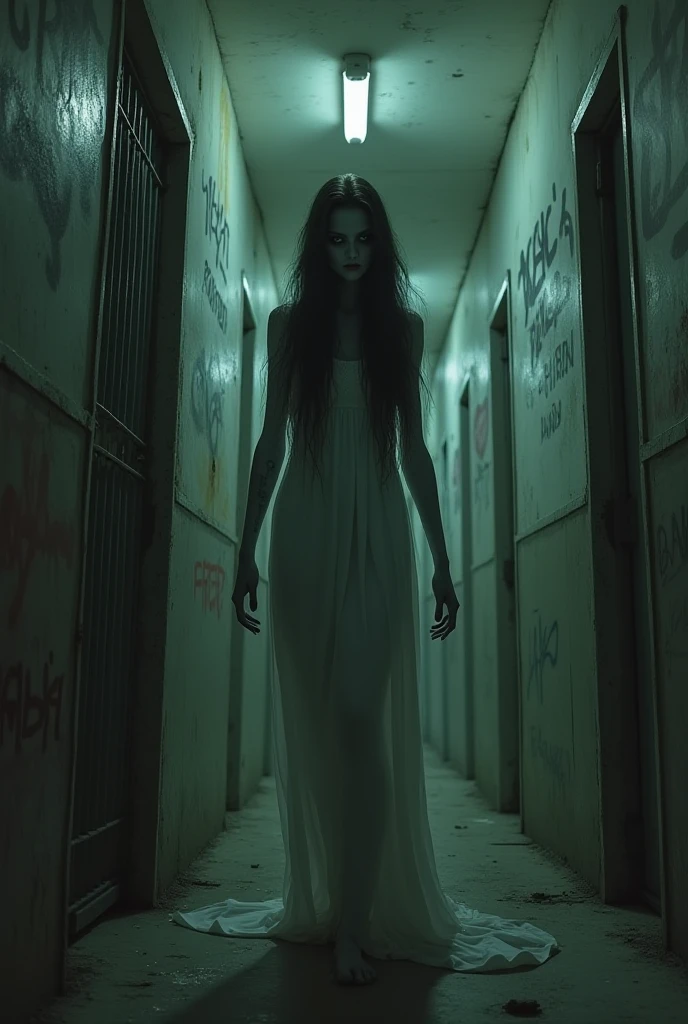 Scary girl with long hairs moves weird and jerky keepe coming 