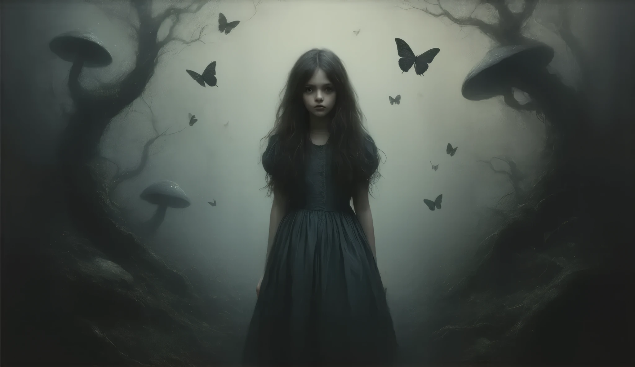 Make a dreamy mysterious horror style image symbolizing anxiety and hope, symbols of life and death, good and evil, growth and decay, childish, inspired by the visual in Guillermo Del Toros movie Pans Labyrinth