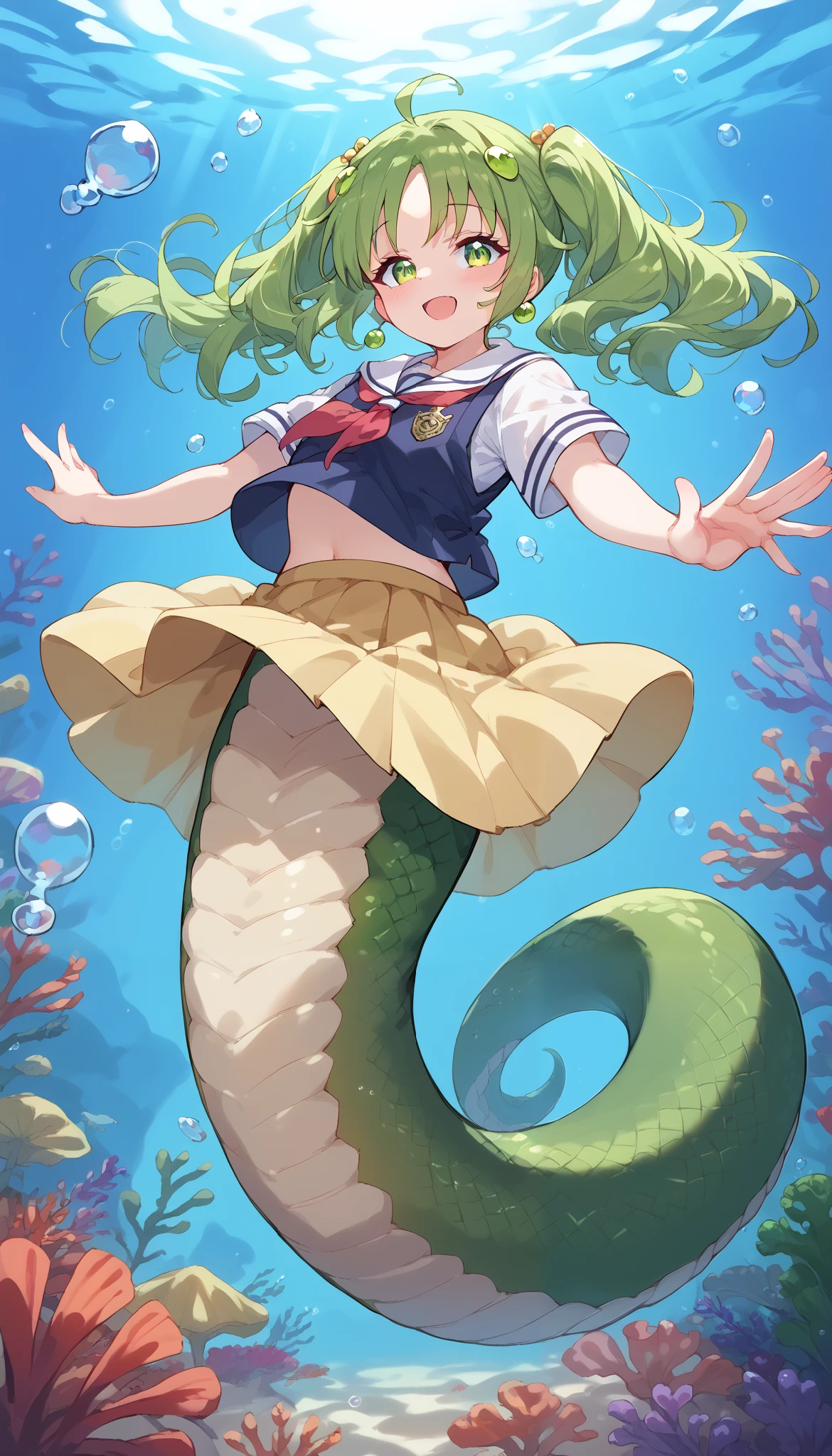 Fraction_9,Fraction_8_up,Fraction_7_up,Fraction_6_up,Fraction_5_up,Fraction_4_up,close-up,
1 Girl, unique ,Catch Cordyceps Sera , green hair,Twin ponytails, green eyes ,skirt,yellow skirt,school uniform,
Ahog,Hair accessories, blush,lamia,The green snake tail ,Full body picture,(Underwater:1.2),seabed