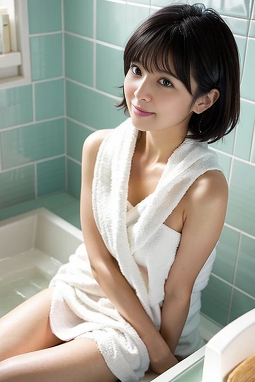 One girl with white towel at autumn hot spring,Strapless,18year old、small tits,Slender little smile,thighs thighs thighs thighs,Crotch,Knees,short cut hair,Low ponytail,Wet hair and wet body,Full body image、