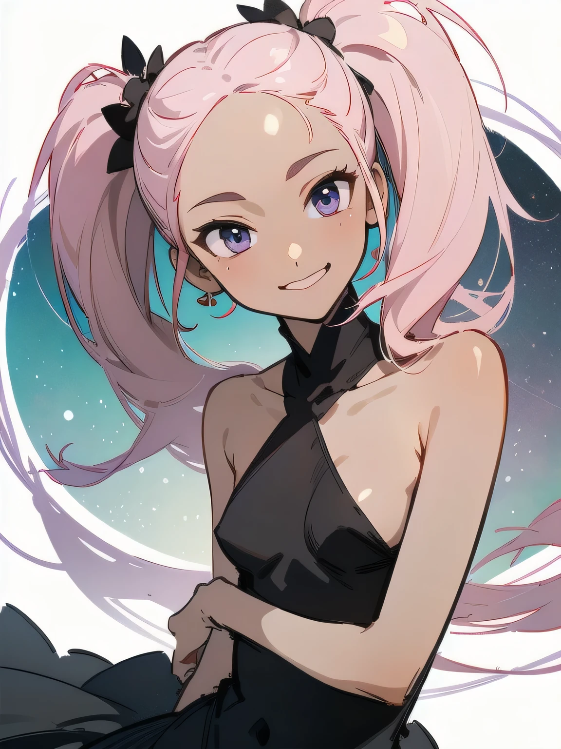Detailed depiction of girl details, emphasis on pink double ponytail, clearly express the silhouette of the girl's shape, static, by the river, hands on the back, the river in the distance is crystal clear, shimmering ripples in the light background, depicting a mysterious and unique atmosphere.