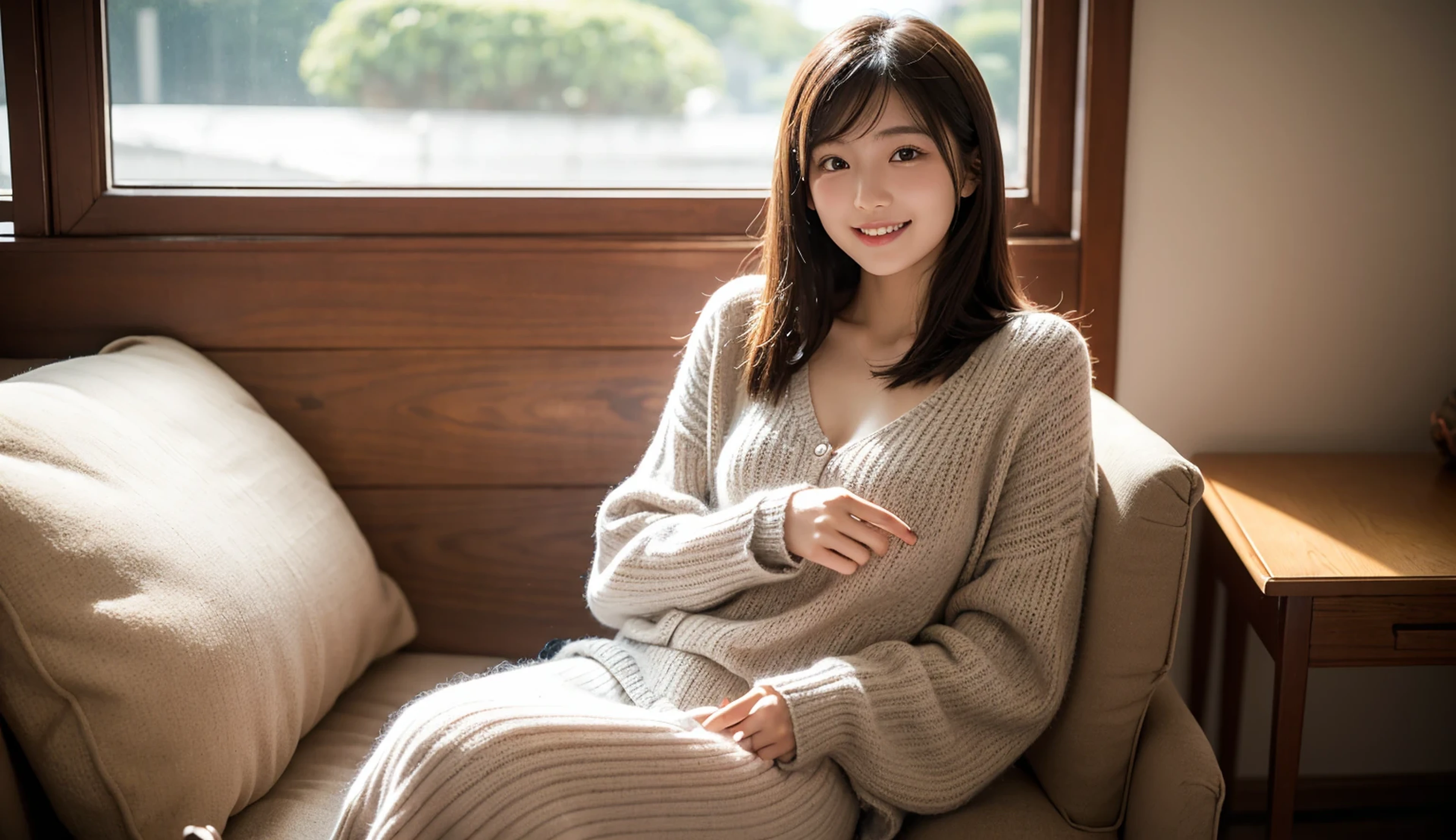 One-shot, Young Japanese beauty, She is sitting in a chair doing knitted material, Gentle smile, Bright room,