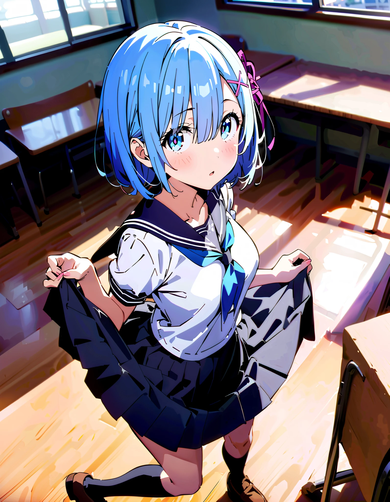 Rem, blue eyes, ブルーhair, hair ornament, hair, Hair Ribbon , ショートhair, x hair ornament, blush, embarrassing,Black sailor suit, black mini pleated skirt ,Black socks,Brown loafers,Grab the skirt with both hands and lift it , skirt lift,noon,whole bodyがイラストに入るように,
break looking at viewer,whole body,
break indoors, classroom,
break (masterpiece:1.2), best quality , high resolution, Unity 8K Wallpaper , (figure:0.8), ( precise and beautiful eyes:1.6), highly detailed face, PERFECT LIGHTING , very precise CG, (perfect hand, perfect anatomy),