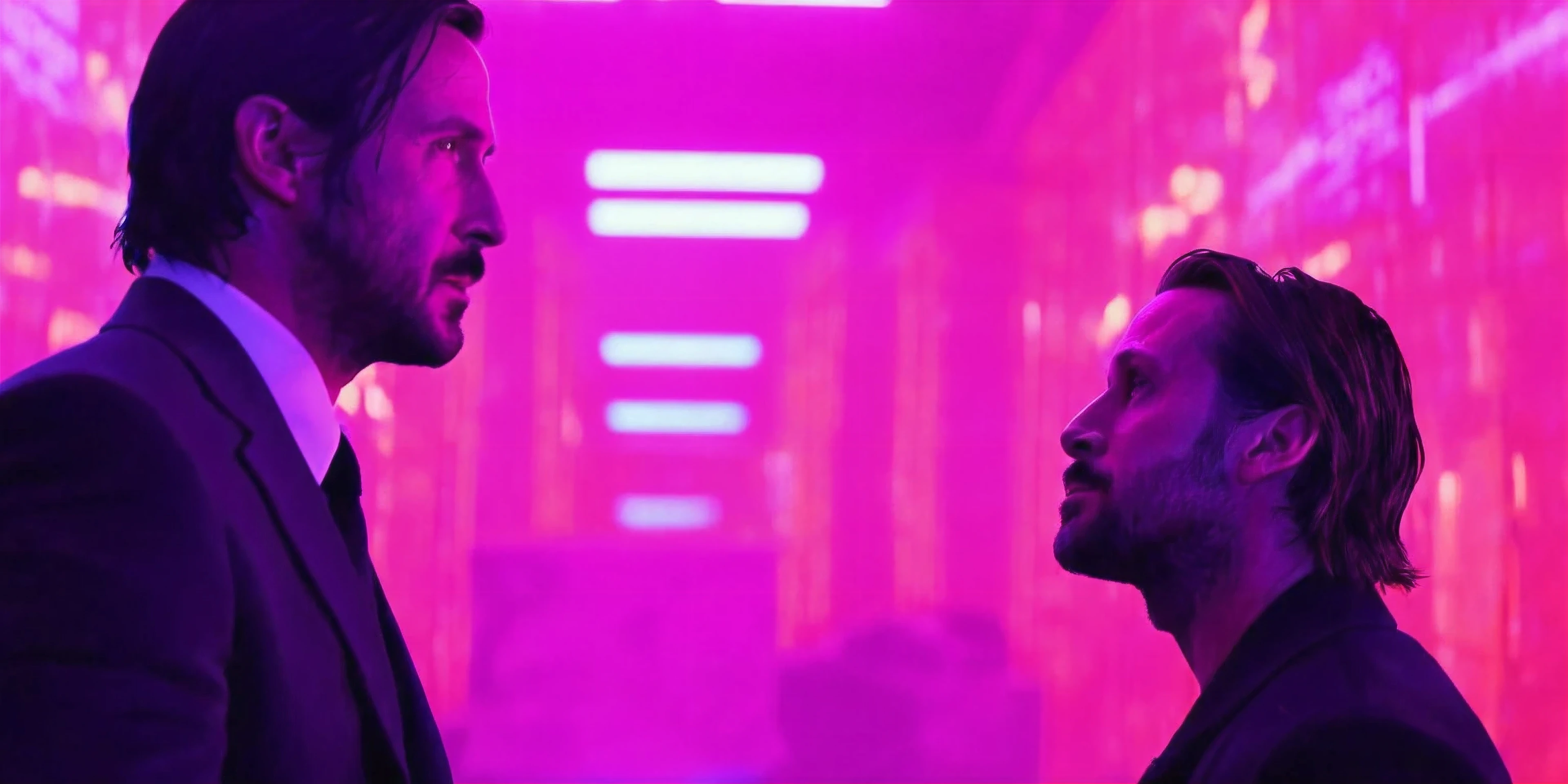 cinematic, masterpiece, medium shot, movie scene featuring two individuals, John Wick:: and Ryan Gosling::, directed by Nicolas Winding Refn, urban setting, neo noir film aesthetic, neon lighting