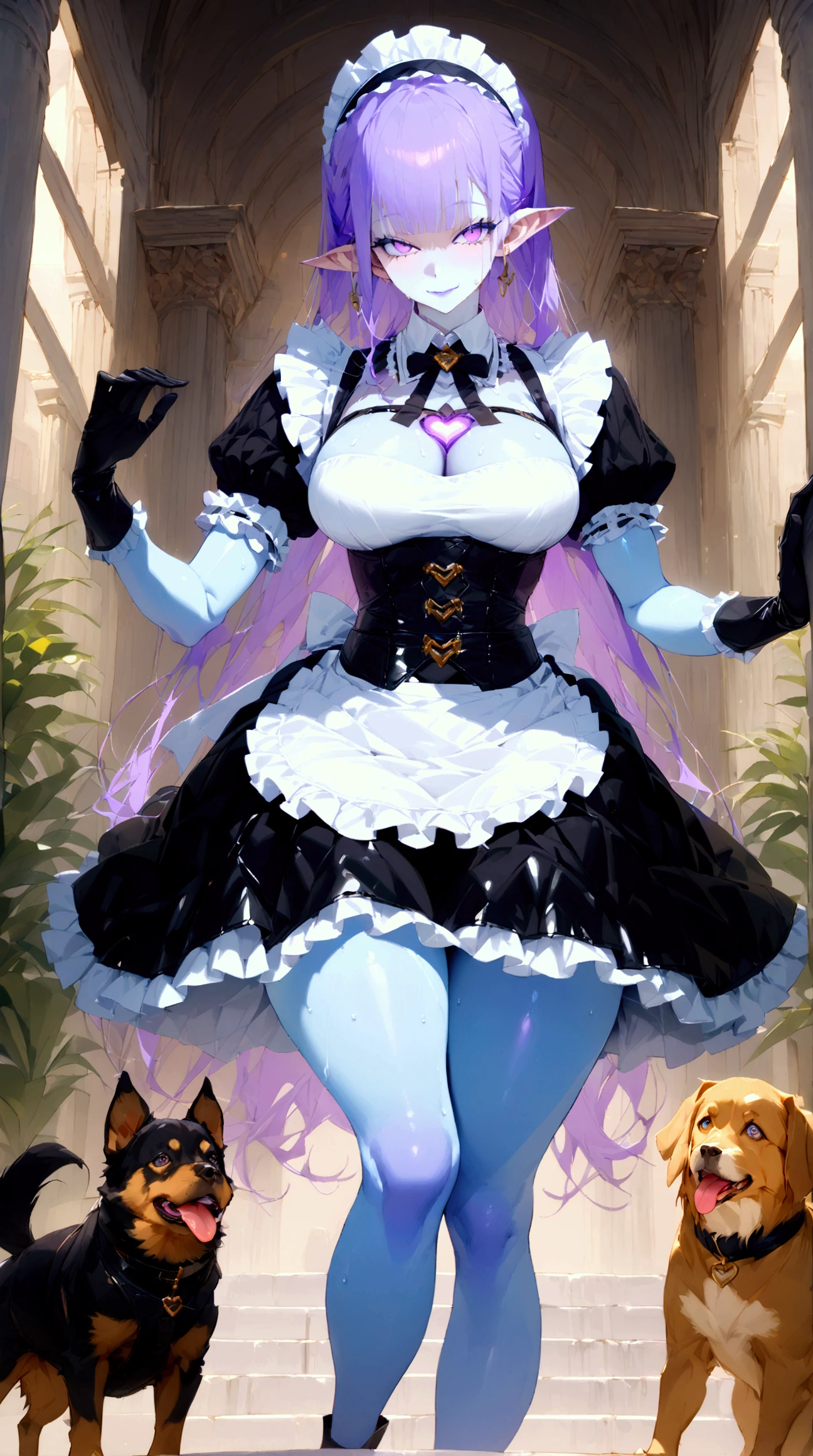 ZoMaid, (blue skin color 1:2), pointy ears, (stitches1:1), twintails, zombie, thighs, ZBattire, maid ,bare shoulders, thighhighs, apron ,skirt, puffy sleeves, frills, maid headdress, wrist cuffs, cleavage, detached collar, mary janes, 1girl, solo, facing viewer, looking at viewer, smile