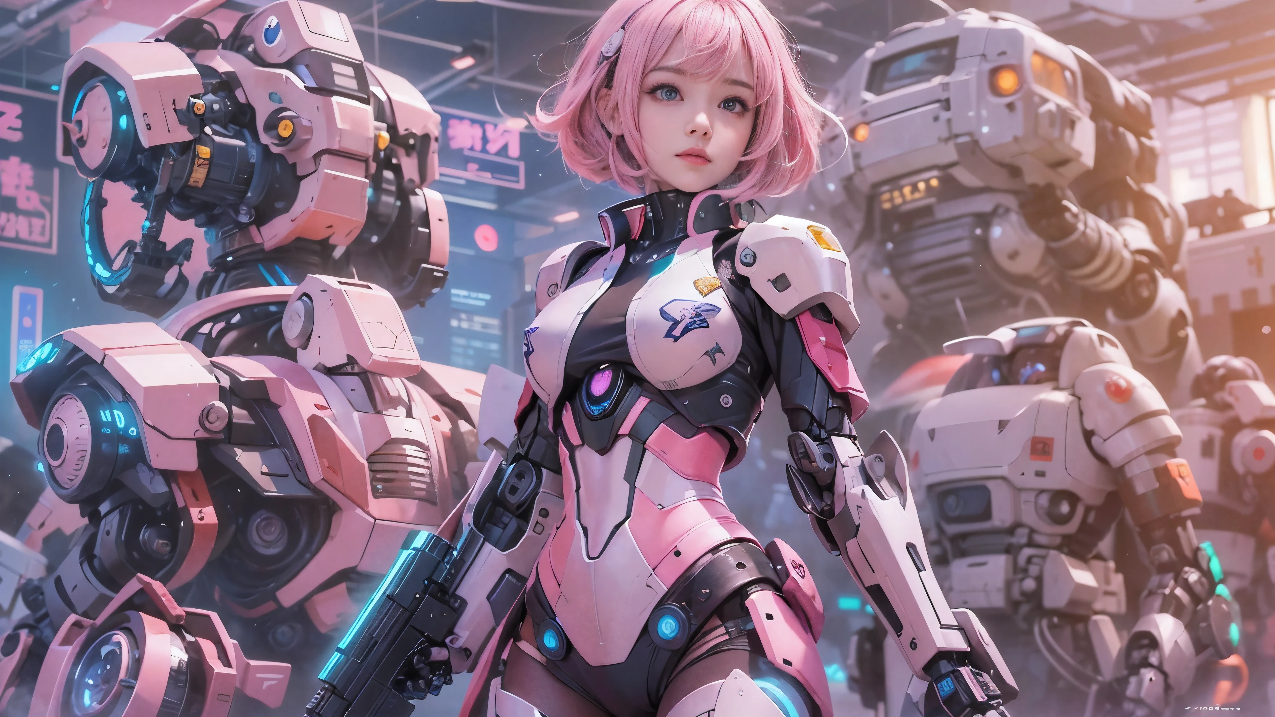Anime Girl with pink hair and blue eyes standing in front of a large group of robots, Mecha Cyber Armored Girl , Anime Mecha Aesthetics , Anime Robot and Organic Mix , perfect android girl , cyberpunk Anime Girl mech, Digital Cyberpunk Anime Art , anime style 4k with AK5 rifle, Cute Cyborg Girl, anime manga robot !! Anime Girl , Anime Space Student Girl Portrait