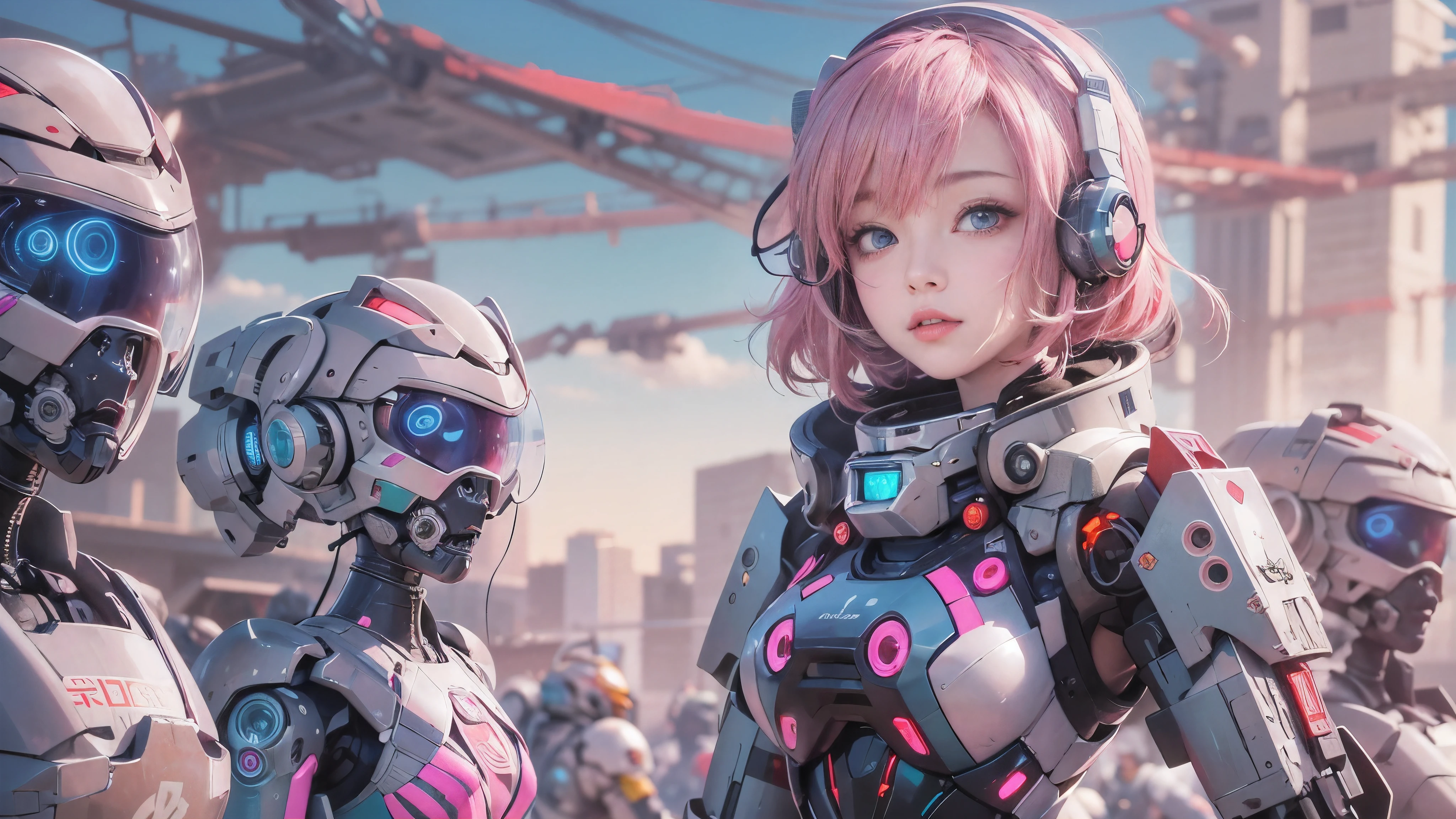 Anime Girl with pink hair and blue eyes standing in front of a large group of robots, Mecha Cyber Armored Girl , Anime Mecha Aesthetics , Anime Robot and Organic Mix , perfect android girl , cyberpunk Anime Girl mech, Digital Cyberpunk Anime Art , anime style 4k with AK5 rifle, Cute Cyborg Girl, anime manga robot !! Anime Girl , Anime Space Student Girl Portrait