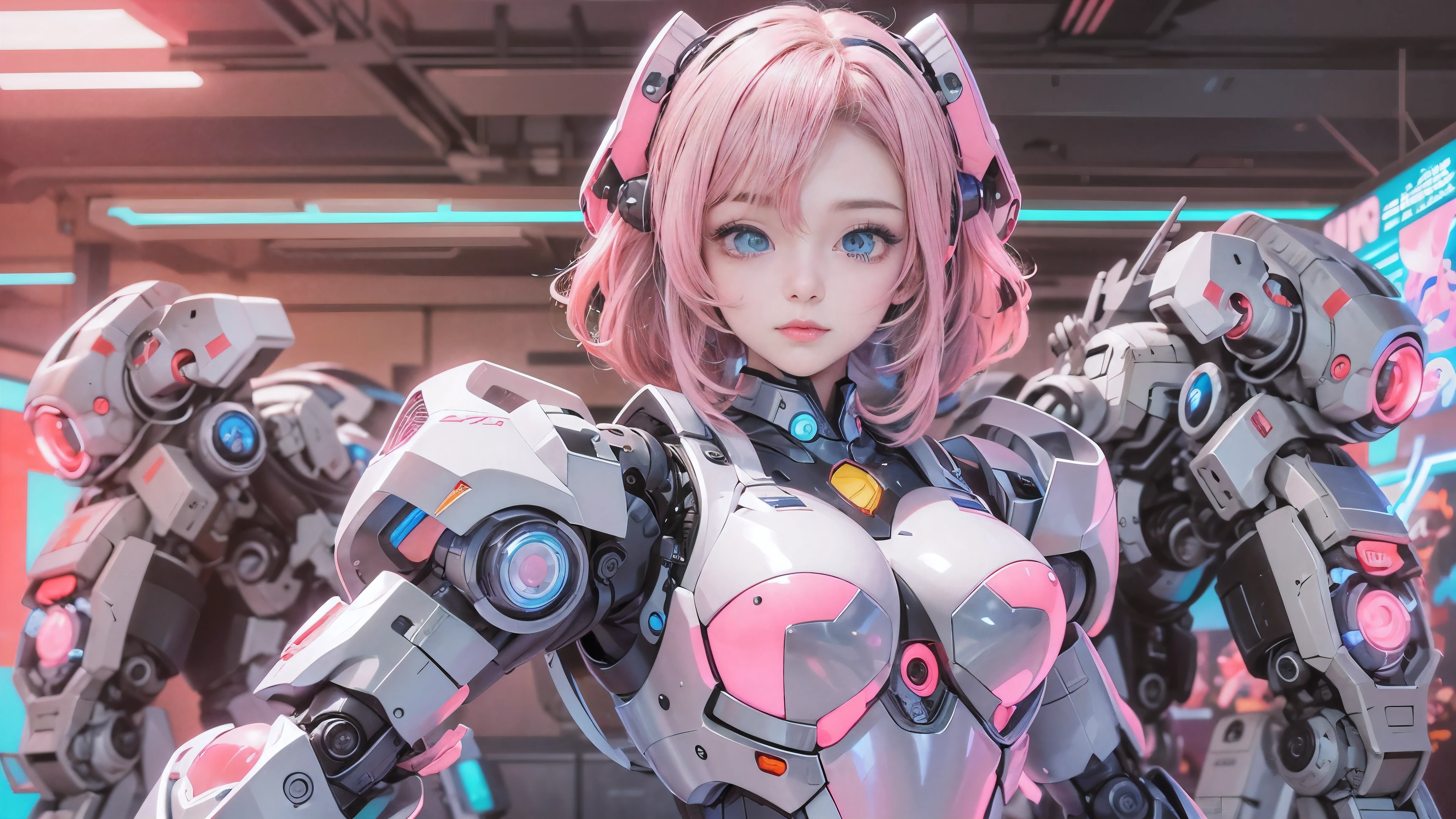 Anime Girl with pink hair and blue eyes standing in front of a large group of robots, Mecha Cyber Armored Girl , Anime Mecha Aesthetics , Anime Robot and Organic Mix , perfect android girl , cyberpunk Anime Girl mech, Digital Cyberpunk Anime Art , anime style 4k with AK5 rifle, Cute Cyborg Girl, anime manga robot !! Anime Girl , Anime Space Student Girl Portrait