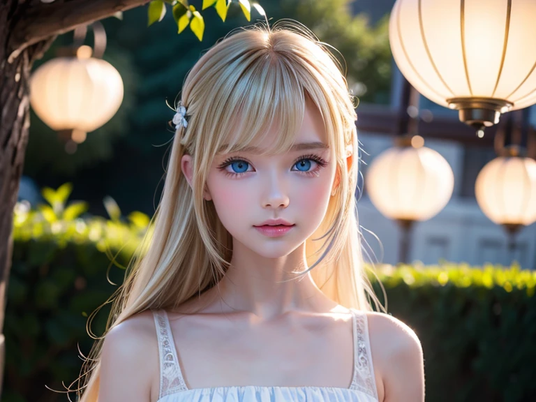 13yo girl、blonde hair with a pony tail、long bangs hanging on a beautiful face,、Very cute beautiful sexy young girl、Very perfect and beautiful cute face、Clear beautiful cute eyes、Beautiful pale blue eyes that shine、de pele branca、dazzling shiny skin、 petite, little, flat_chest, skinny,