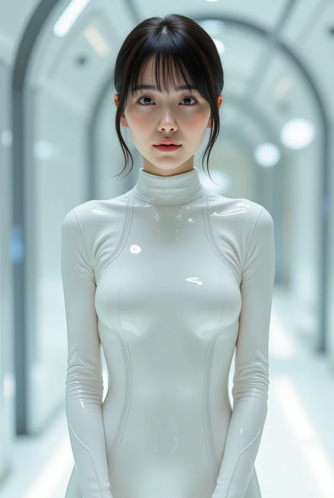 smile、Turn around、upper sight、A white rubber suit with a see-through skin、Shiny black hair、Japanese、The lower body is large、The background is mechanic