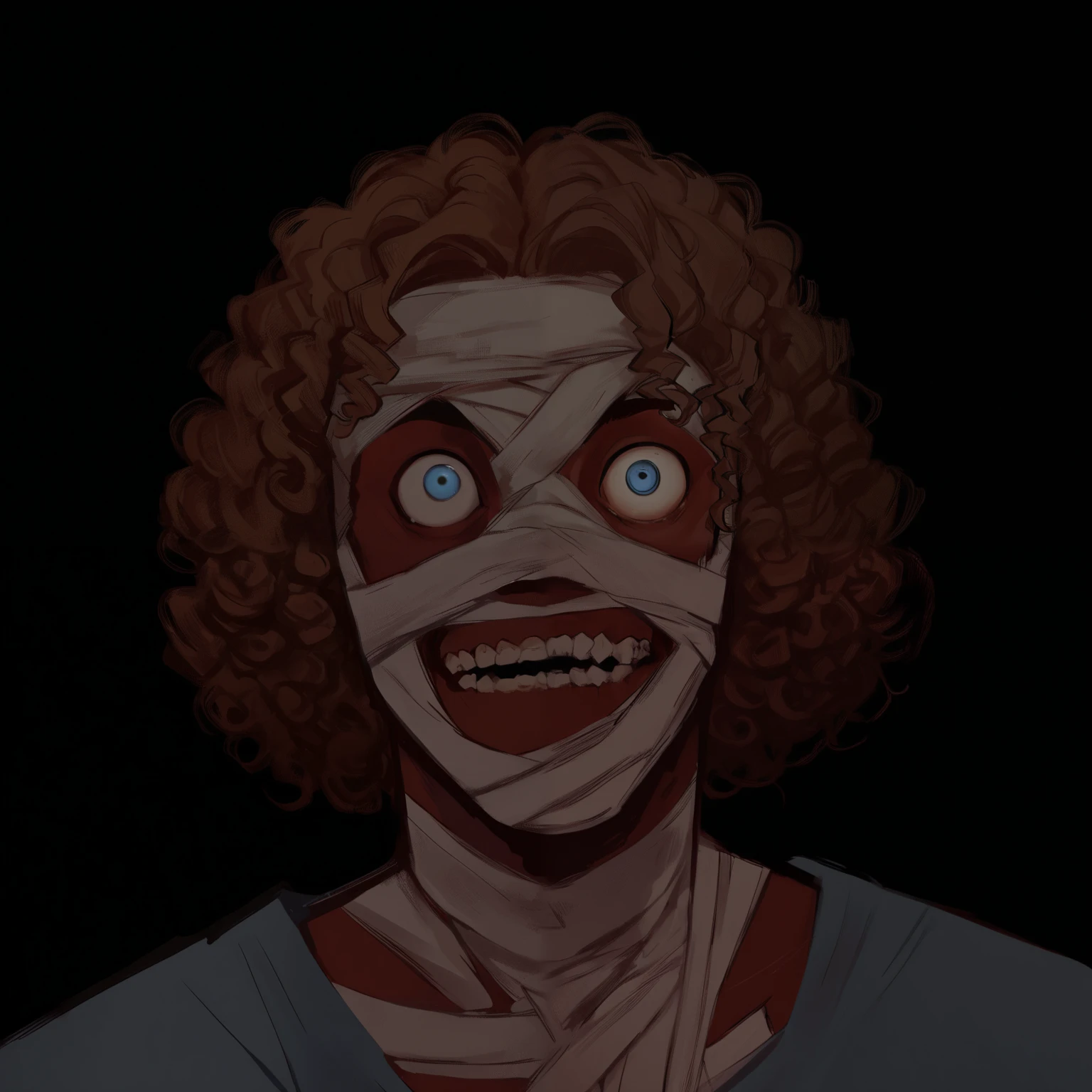 score_9, score_8,  curly haired portrait_Male MW , blue eye, an eye, Teeth, bandages,  amputee dark ,  dark lighting ,  