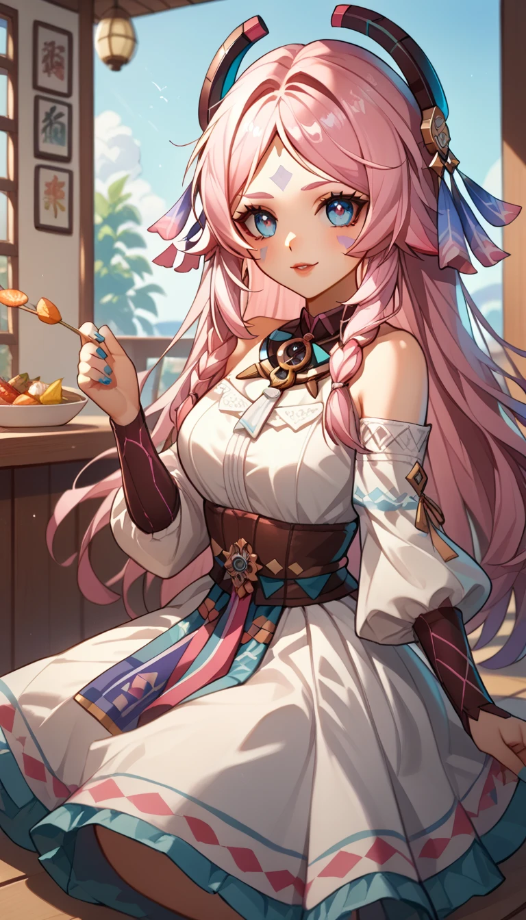 score_9,score_8_up,score_7_up,citlali_(genshin_impact), 1girl, pink hair, hair ornament , racial face marks, solo, medium_breasts, blush, parted_lips, looking_at_viewer,bare_shoulders, Citlali, in a pink Otaku bedroom, girl bedroom, score_9, score_8_up, score_7_up, score_6_up, source_anime, 1girl, full body shot, blushed, full body shot, blue nail polish, in love face, happy, gentle face, messy hair, ,,hair ornament, flower, white dress, frills, traditional clothes, ribbon, puffy sleeves, multicolored clothes, colorful clothes, Mexican restaurant, Mexican house, 