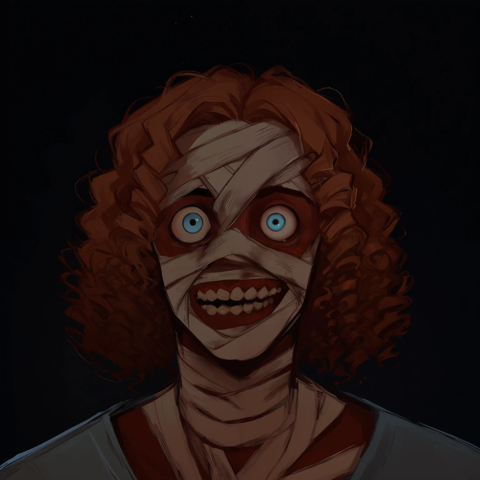 score_9, score_8,  curly haired portrait_Male MW , blue eye, an eye, Teeth, bandages,  amputee dark ,  dark lighting ,  