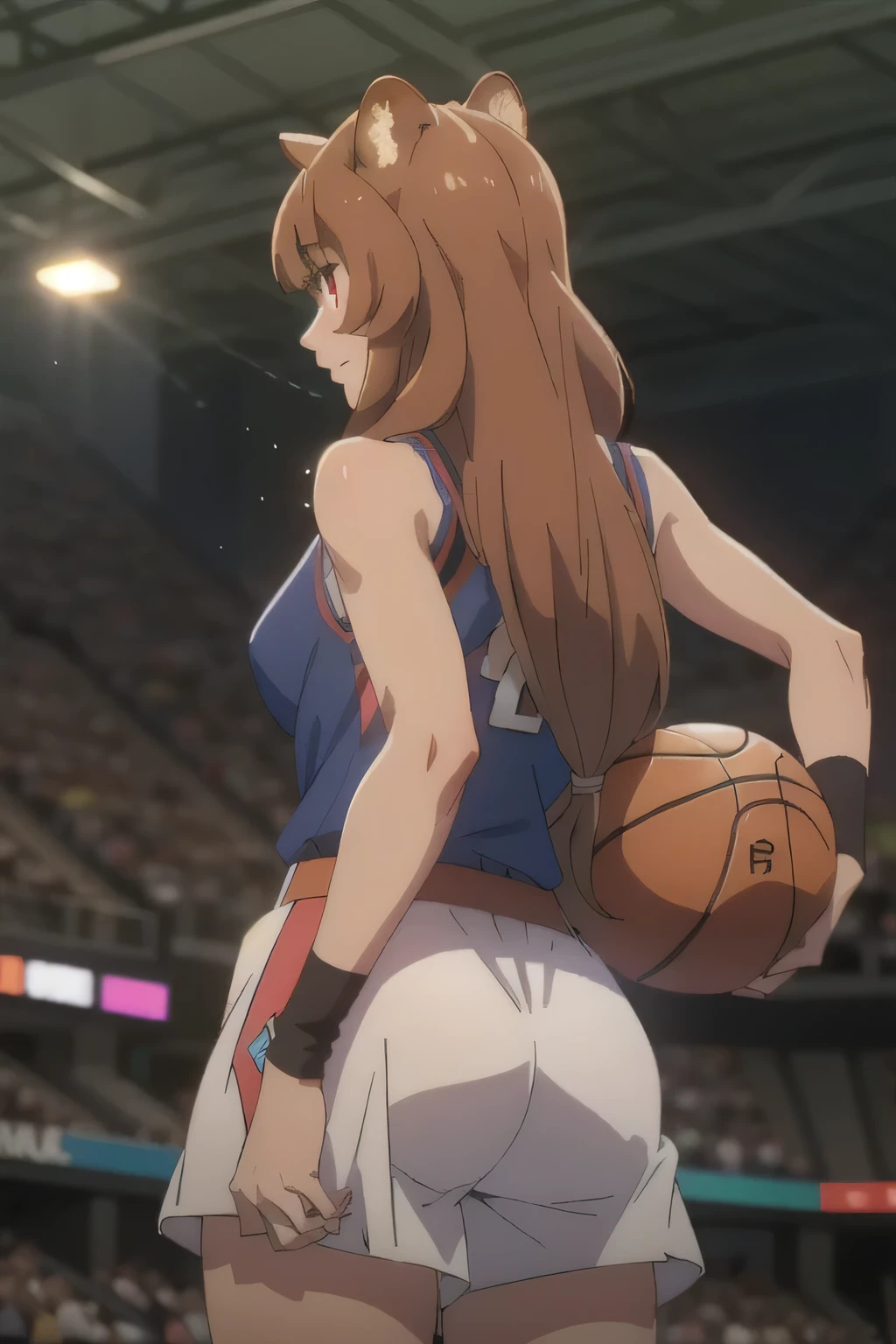 1 girl in, 18, photo of Raphtalia, Shield Hero Waifu, photo of perfect woman, Solo, Aesthetic artwork, (long hair, straight brown hair, long hair, brown hair, bangs: 1.25), (girl, raccoon girl, raccoon ears, animal ears, racoon tail, red eyes: 1.2), (clear skin, fare skin, medium breasts, B-cup, runners body, very thin waist, skinny, petite, detailed skin texture, (Masterpiece), (shot from behind arched back), (she is wearing A baggie basketball jersey, New York Knicks Jersey), basketball court, at a basketball game in the stands, basketball game, (extremely detailed 8k wallpaper), soft lighting, high quality, film grain, 50mm, High Detail, Sharp focus, (natural light), (cowboy photo:1.2), light particles
