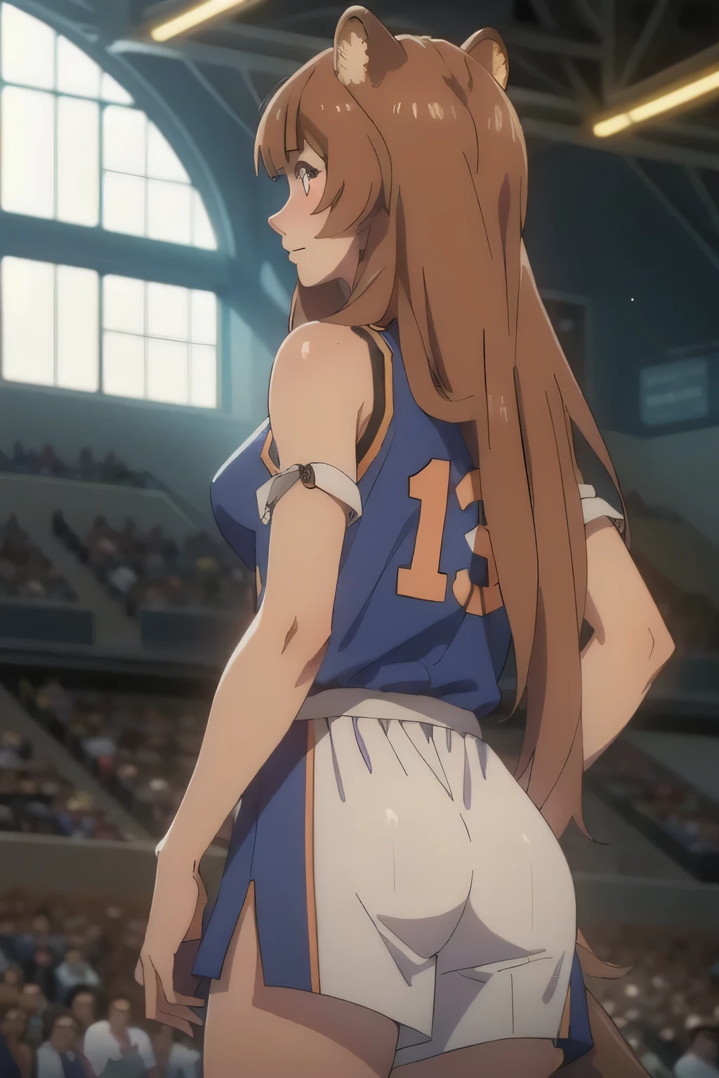 1 girl in, age18, photo of Raphtalia, Shield Hero Waifu, photo of perfect woman, Solo, Aesthetic artwork, (long hair, straight brown hair, long hair, brown hair, bangs: 1.25), (girl, raccoon girl, raccoon ears, animal ears, racoon tail, red eyes: 1.2), (clear skin, fare skin, , B-cup, runners body, very thin waist, skinny, petite, detailed skin texture, (Masterpiece), (shot arched back), (she is wearing A baggie basketball jersey, New York Knicks Jersey), basketball court, at a basketball game in the stands, basketball game, (extremely detailed 8k wallpaper), soft lighting, high quality, film grain, 50mm, High Detail, Sharp focus, (natural light), (cowboy photo:1.2), light particles