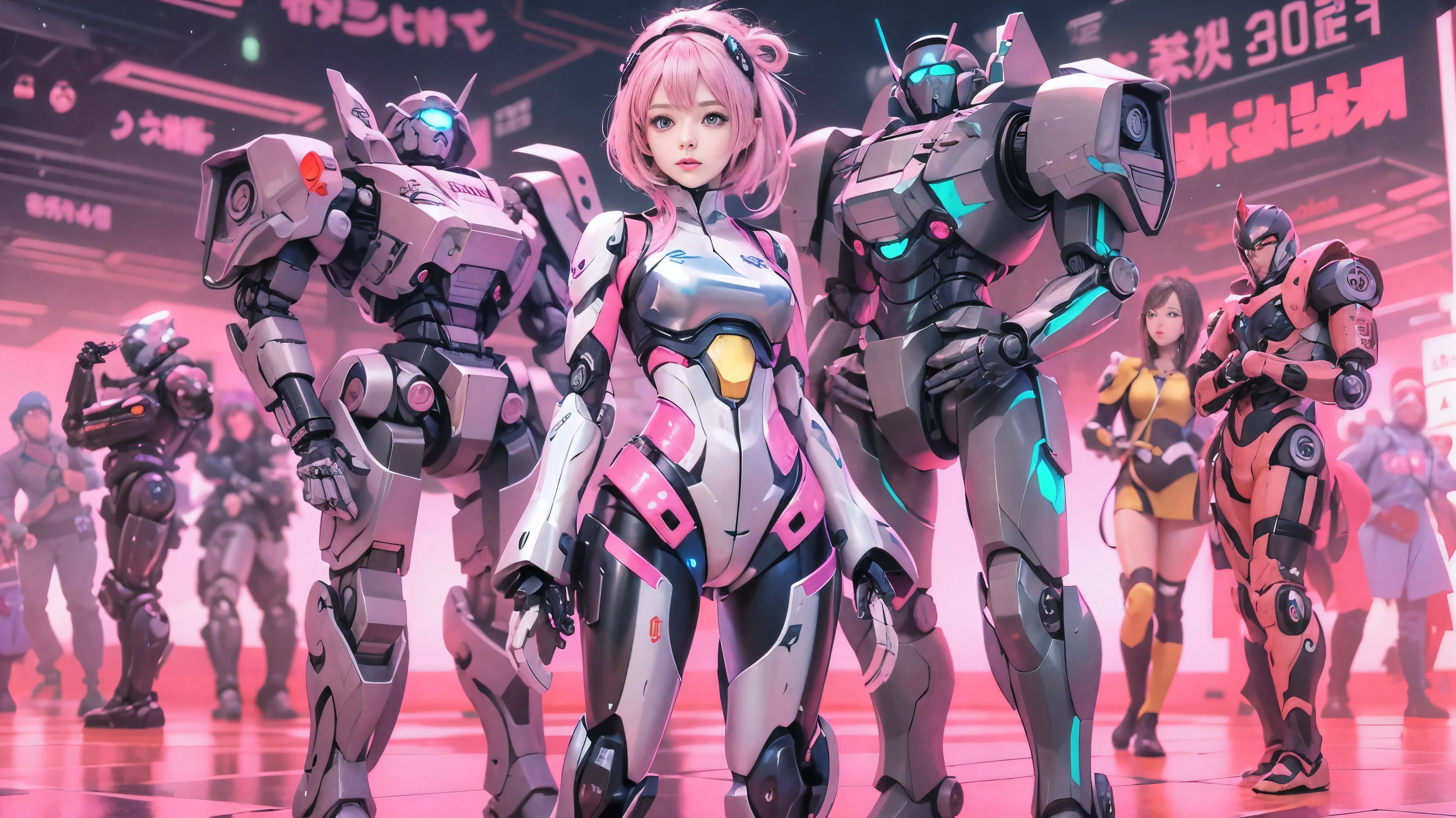Anime Girl with pink hair and blue eyes standing in front of a large group of robots, Mecha Cyber Armored Girl , Anime Mecha Aesthetics , Anime Robot and Organic Mix , perfect android girl , cyberpunk Anime Girl mech, Digital Cyberpunk Anime Art , anime style 4k with AK5 rifle, Cute Cyborg Girl, anime manga robot !! Anime Girl , Anime Space Student Girl Portrait