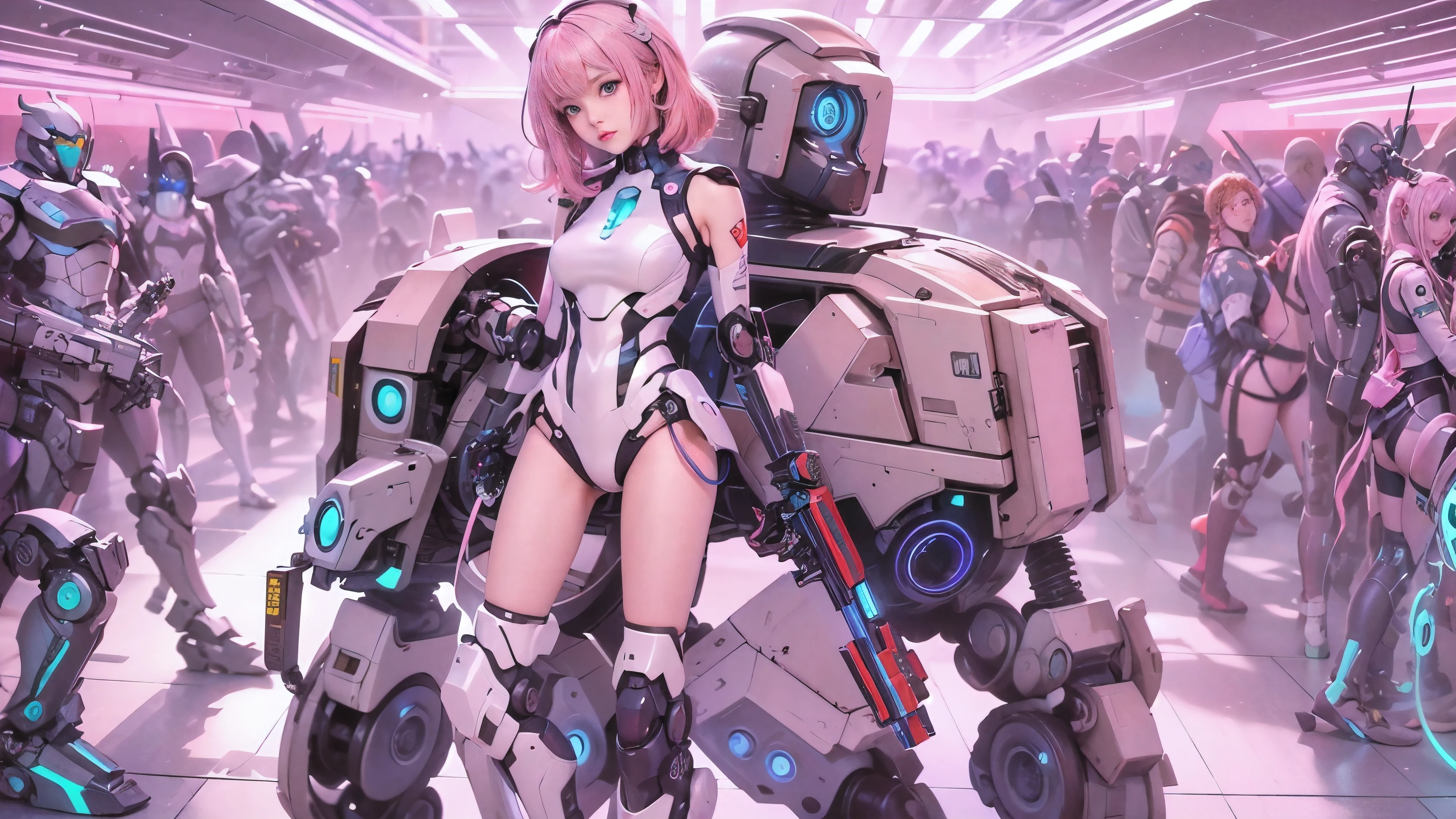 Anime Girl with pink hair and blue eyes standing in front of a large group of robots, Mecha Cyber Armored Girl , Anime Mecha Aesthetics , Anime Robot and Organic Mix , perfect android girl , cyberpunk Anime Girl mech, Digital Cyberpunk Anime Art , anime style 4k with AK5 rifle, Cute Cyborg Girl, anime manga robot !! Anime Girl , Anime Space Student Girl Portrait