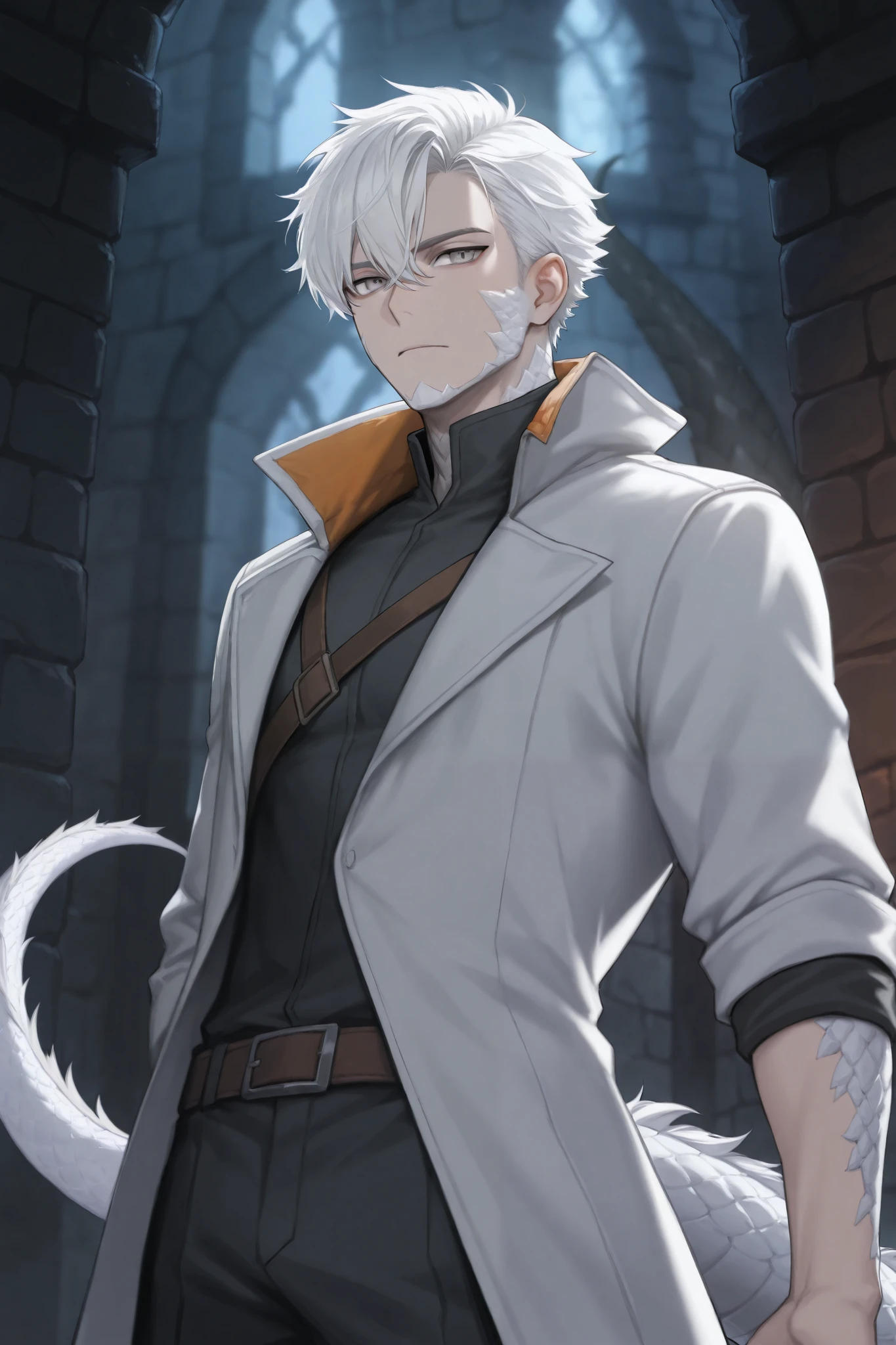 1 man, half dragon and half human , rogue, adaga, gray eyes, Dungeon Background , white hair, scales, dragon tail