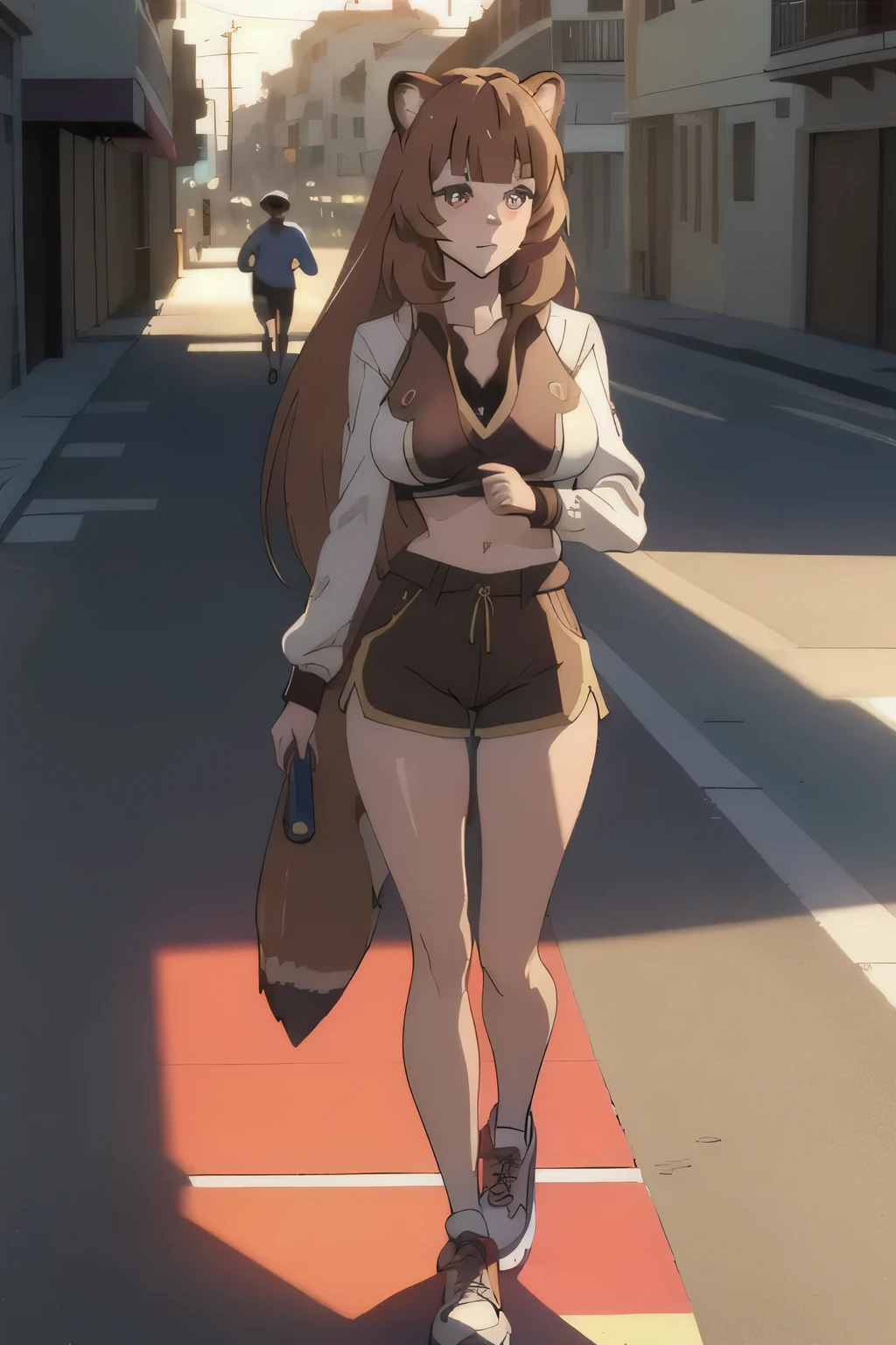 masterpiece, Best quality, absurdity,behind, Juliet повязка, headband, Juliet, the skin is thick, big breasts, cropped jacket, orange eyes, A long tail, Brown hair, multicolored hair, highlighted hair, очень big breasts, hips, gluteal fold, legs without shoes in black tights to the waist, waist, bra, white underwear, Full body view from head to toe outdoors, ahoge, autumn, USA, (night:1.2)