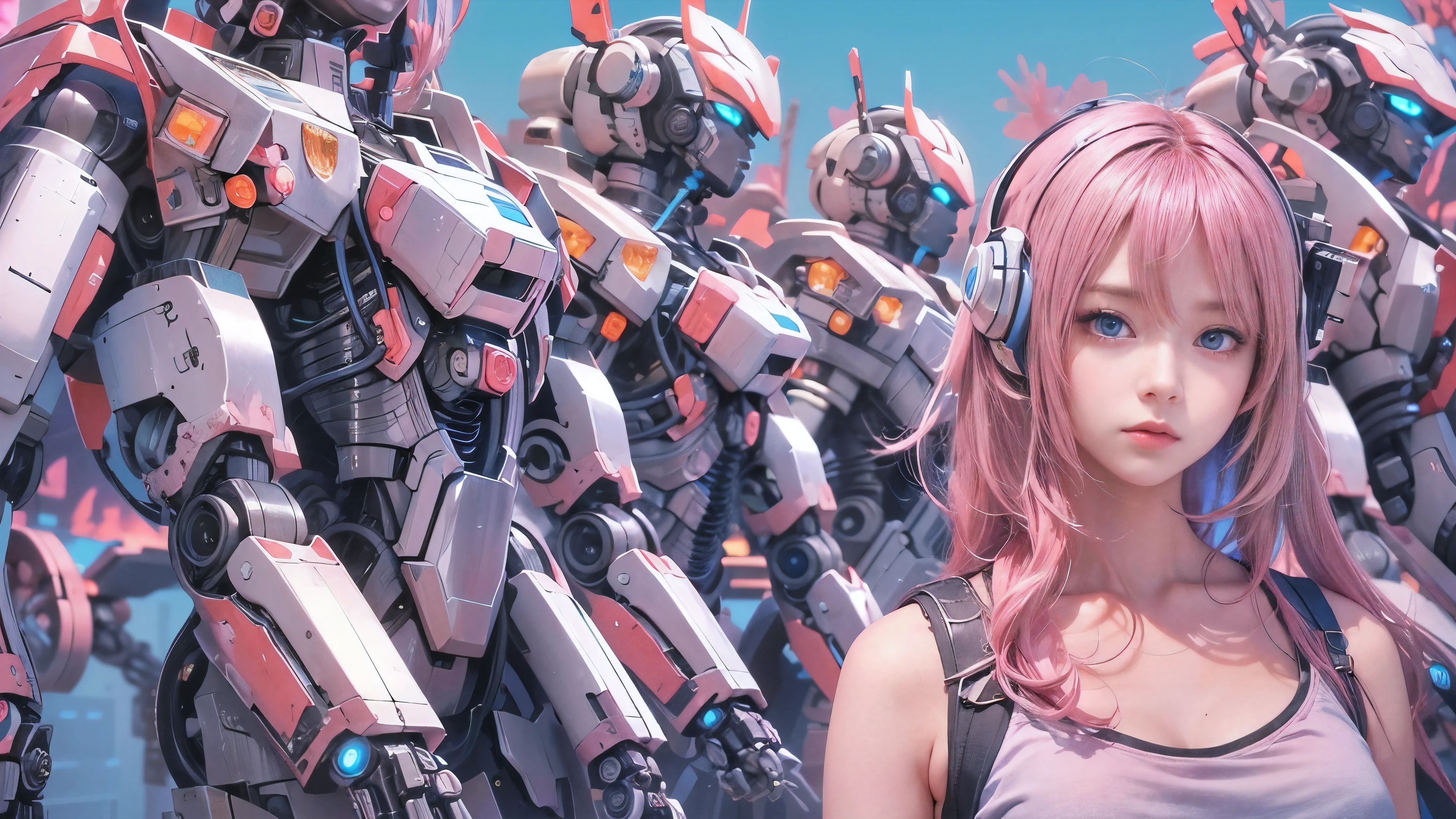 Anime Girl with pink hair and blue eyes standing in front of a large group of robots, Mecha Cyber Armored Girl , Anime Mecha Aesthetics , Anime Robot and Organic Mix , perfect android girl , cyberpunk Anime Girl mech, Digital Cyberpunk Anime Art , anime style 4k with AK5 rifle, Cute Cyborg Girl, anime manga robot !! Anime Girl , Anime Space Student Girl Portrait