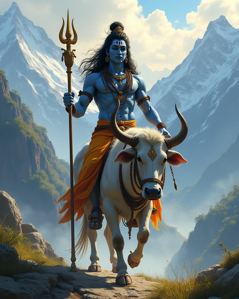 painting of a man and a male cow with a face painted on, god shiva the destroyer, lord shiva, inspired by Kailash Chandra Meher, shiva, cyborg hindu godbody, hinduism, indian god, gawr gura, hindu aesthetic, trending on devianart, avatar image, by Sava Šumanović