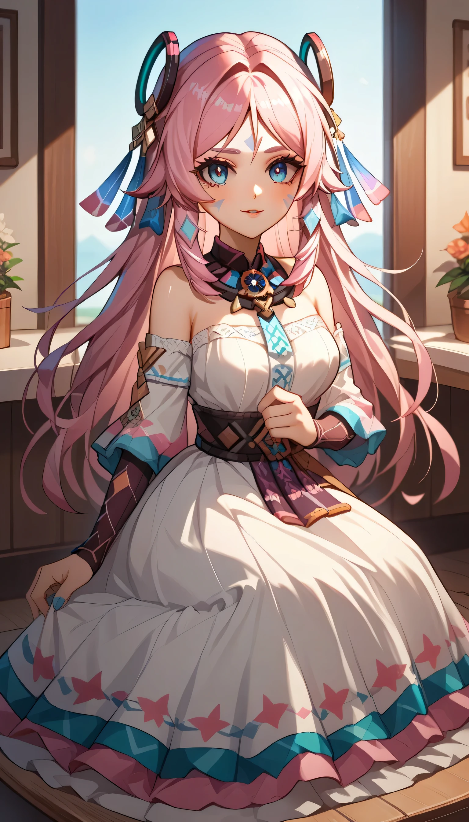 score_9,score_8_up,score_7_up,citlali_(genshin_impact), 1girl, pink hair, hair ornament , racial face marks, solo, medium_breasts, blush, parted_lips, looking_at_viewer,bare_shoulders, Citlali, in a pink Otaku bedroom, girl bedroom, score_9, score_8_up, score_7_up, score_6_up, source_anime, 1girl, full body shot, blushed, full body shot, blue nail polish, in love face, happy, gentle face, messy hair, ,,hair ornament, flower, white dress, frills, traditional clothes, ribbon, puffy sleeves, multicolored clothes, colorful clothes, Mexican restaurant, Mexican house,