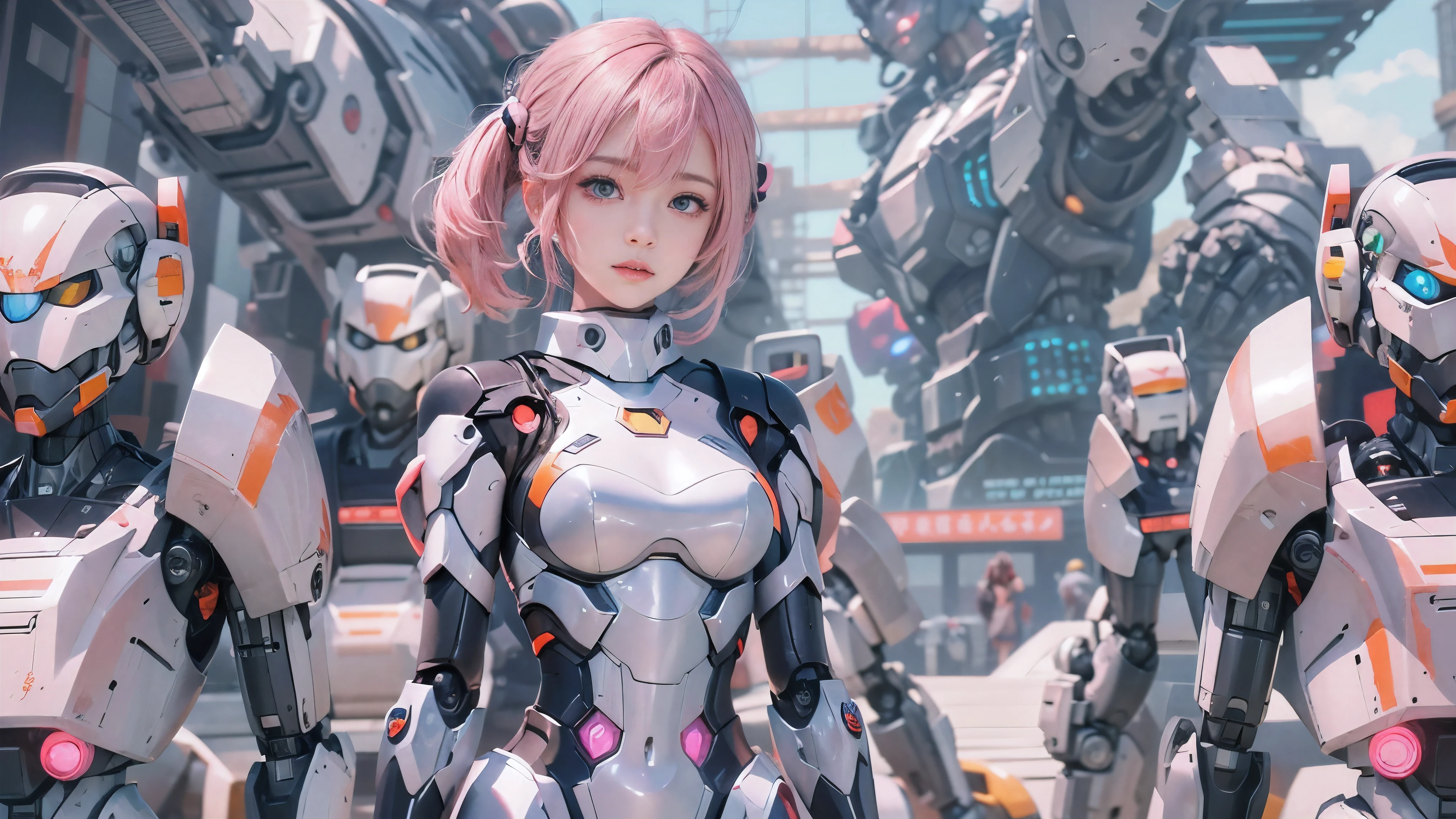 Anime Girl with pink hair and blue eyes standing in front of a large group of robots, Mecha Cyber Armored Girl , Anime Mecha Aesthetics , Anime Robot and Organic Mix , perfect android girl , cyberpunk Anime Girl mech, Digital Cyberpunk Anime Art , anime style 4k with AK5 rifle, Cute Cyborg Girl, anime manga robot !! Anime Girl , Anime Space Student Girl Portrait