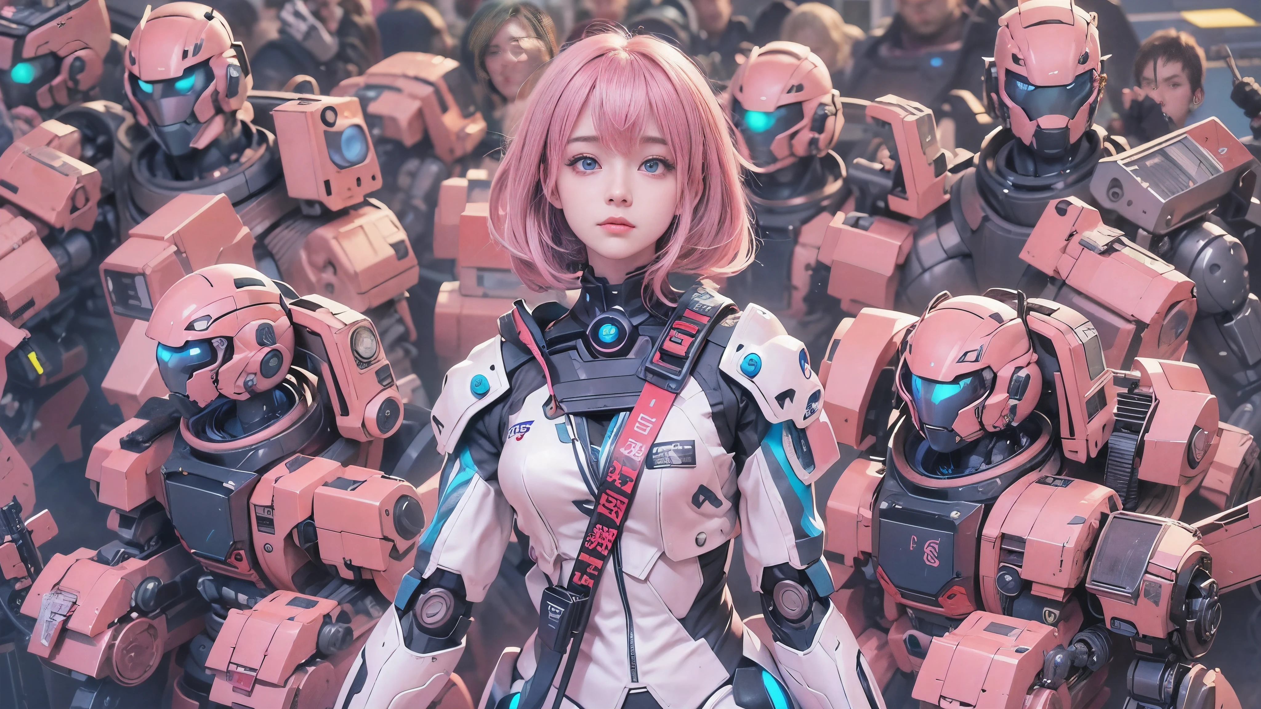 Anime Girl with pink hair and blue eyes standing in front of a large group of robots, Mecha Cyber Armored Girl , Anime Mecha Aesthetics , Anime Robot and Organic Mix , perfect android girl , cyberpunk Anime Girl mech, Digital Cyberpunk Anime Art , anime style 4k with AK5 rifle, Cute Cyborg Girl, anime manga robot !! Anime Girl , Anime Space Student Girl Portrait
