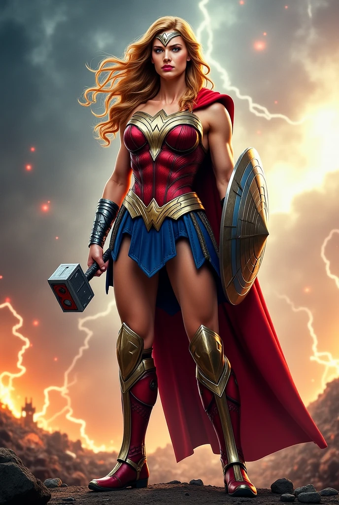 wonderwoman, long long gorgeous shine blonde hair, slender body, latex, leotard, bright red costume, ((blown away)), enveloped in heat hell, red heat, (received heat bullet), (burning air), dark red space distorted, cruelly, (painful), helpless, (screaming in pain), eyes closed, holding on, crouching, gritting teeth, suffering, leaning back, shrimp warping, (lying face up), spreading hands, lifting feet off the ground, being blow through the air, seen many explosion, explosion nitting her, hair swaying in hot air, in underground base