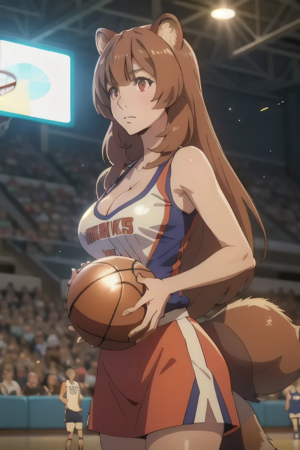 1 girl in, 18, photo of Raphtalia, Shield Hero Waifu, photo of perfect woman, Solo, Aesthetic artwork, (long hair, straight brown hair, long hair, brown hair, bangs: 1.25), (girl, raccoon girl, raccoon ears, animal ears, racoon tail, red eyes: 1.2), (clear skin, fare skin, medium breasts, B-cup, runners body, very thin waist, skinny, petite, detailed skin texture, (Masterpiece), (cleavage, focus on breasts:1.2), (she is wearing A baggie basketball jersey, New York Knicks Jersey), basketball court, at a basketball game in the stands, basketball game, (extremely detailed 8k wallpaper), soft lighting, high quality, film grain, 50mm, High Detail, Sharp focus, (natural light), (cowboy photo:1.2), light particles