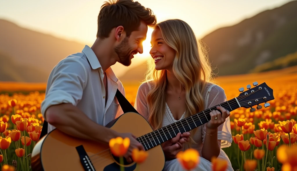 ((best quality)), ((masterpiece)),(detail), perfect face, full body shot of a young europe couple playing guitar, v-line face and blue eyes, Clear face, clear guitar, latin style, retro vintage and romanticism, flower's petals flying across the sky, hyper-realistic photos, 8k, ultra high resolution,sharp faces