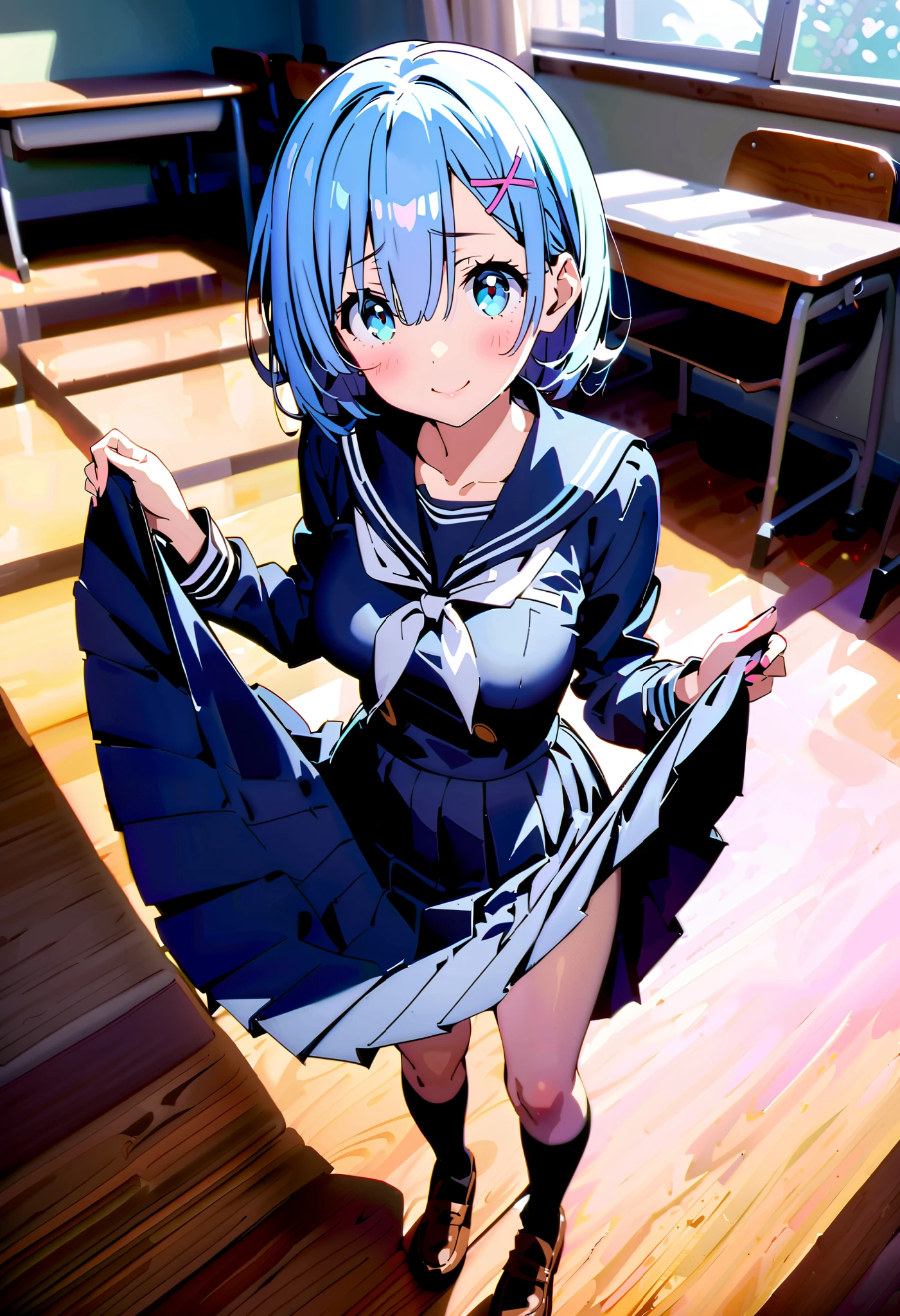 Rem, blue eyes, ブルーhair, hair ornament, hair, Hair Ribbon , ショートhair, x hair ornament, blush,smile, embarrassing,Black sailor suit, black mini pleated skirt ,Black socks,Brown loafers,Grab the skirt with both hands and lift it , skirt lift,noon,whole bodyがイラストに入るように,
break looking at viewer,whole body,
break indoors, classroom,
break (masterpiece:1.2), best quality , high resolution, Unity 8K Wallpaper , (figure:0.8), ( precise and beautiful eyes:1.6), highly detailed face, PERFECT LIGHTING , very precise CG, (perfect hand, perfect anatomy),