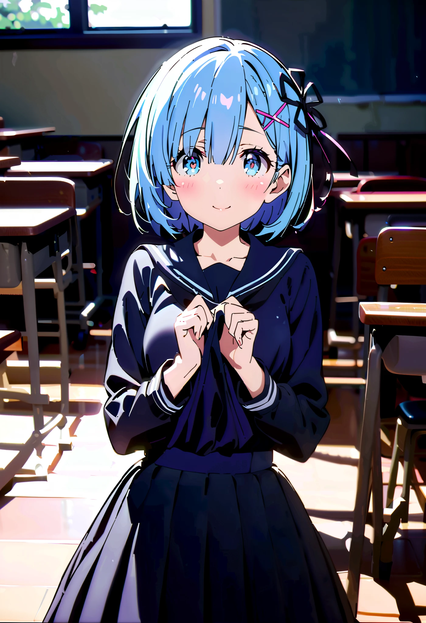 Rem, blue eyes, ブルーhair, hair ornament, hair, Hair Ribbon , ショートhair, x hair ornament, blush,smile, embarrassing,Black sailor suit, black mini pleated skirt ,Black socks,Brown loafers,Grab the skirt with both hands and lift it , skirt lift,noon,whole bodyがイラストに入るように,
break looking at viewer,whole body,
break indoors, classroom,
break (masterpiece:1.2), best quality , high resolution, Unity 8K Wallpaper , (figure:0.8), ( precise and beautiful eyes:1.6), highly detailed face, PERFECT LIGHTING , very precise CG, (perfect hand, perfect anatomy),