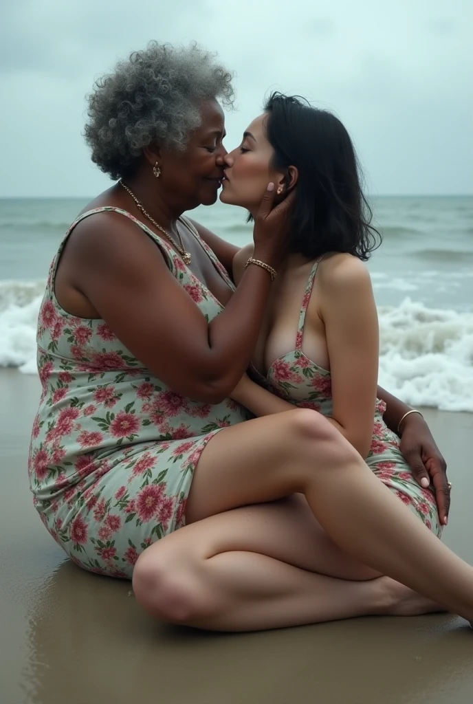 Create a realistic image of a 90 year old lady, who has black skin, that is fat, She is standing and wearing a flowery dress and wearing glasses. She is carrying in her arms, a white-skinned adult woman, AT 35 YEARS OLD, Long brown hair, who has her breasts out and a bikini mark on her buttocks.
