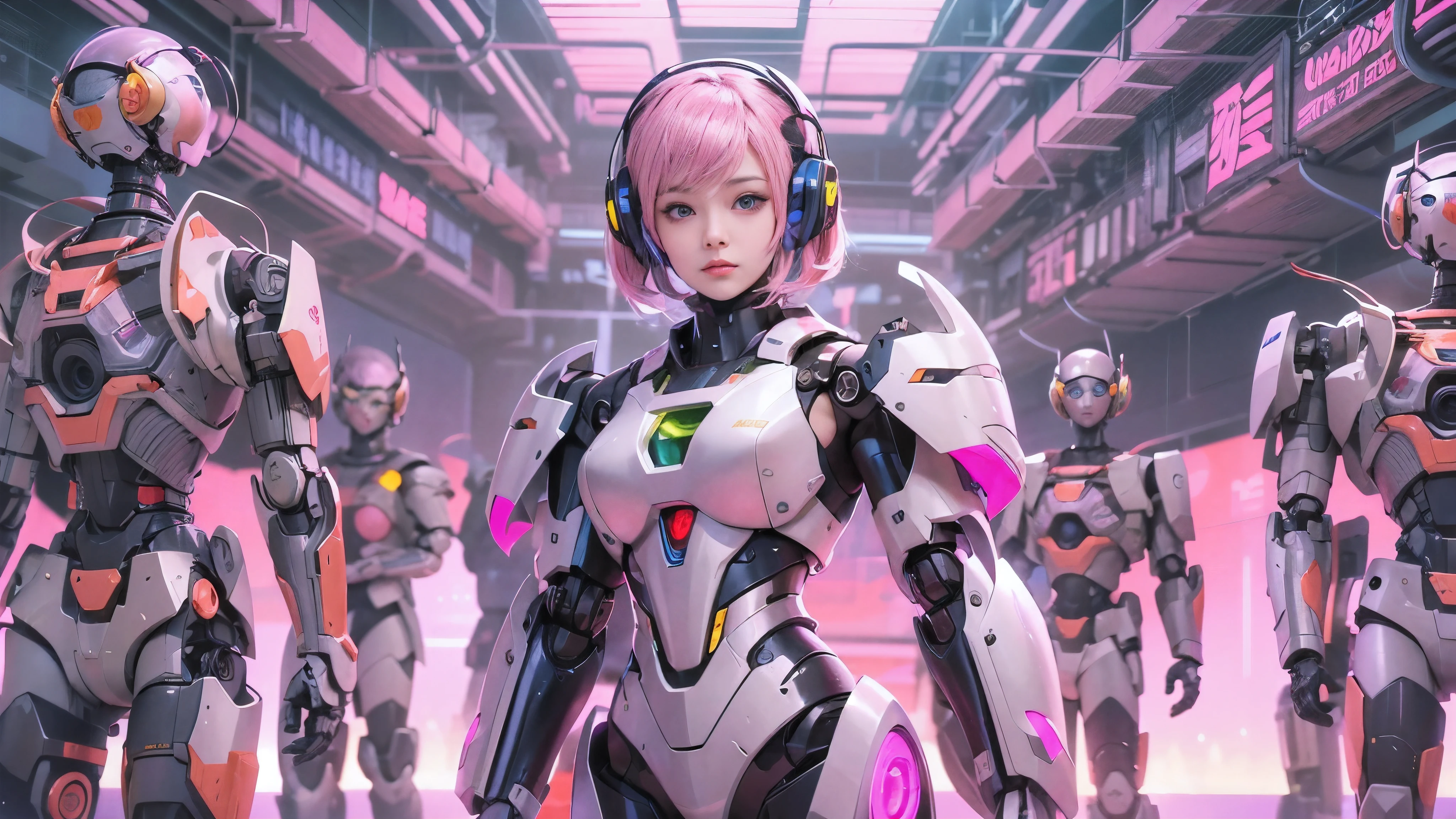 Anime Girl with pink hair and blue eyes standing in front of a large group of robots, Mecha Cyber Armored Girl , Anime Mecha Aesthetics , Anime Robot and Organic Mix , perfect android girl , cyberpunk Anime Girl mech, Digital Cyberpunk Anime Art , anime style 4k with AK5 rifle, Cute Cyborg Girl, anime manga robot !! Anime Girl , Anime Space Student Girl Portrait
