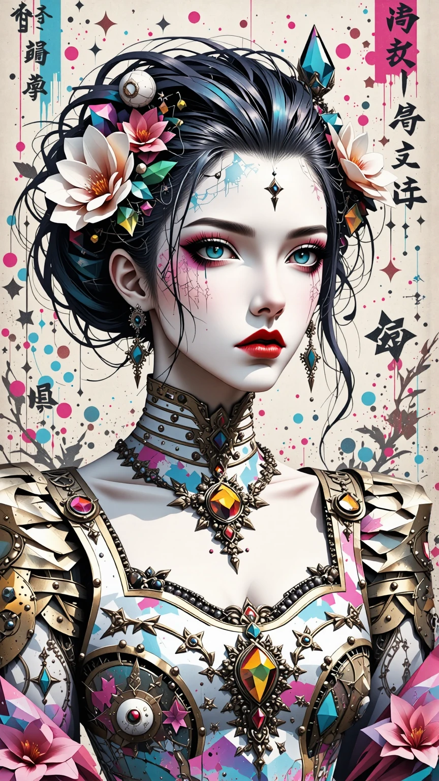in style of Gary Grayson,in style of Aleksi Briclot,
1girl,glowing neon blue japanese kimono,looking at viewer,black coiled hair,skull hair decoration,death gothic,red eyes,(head_tilt:1.7),(insanely detailed and intricate, hypermaximalist, elegant, ornate, hyper realistic, super detailed),(bangs_pinned_back:1.5),