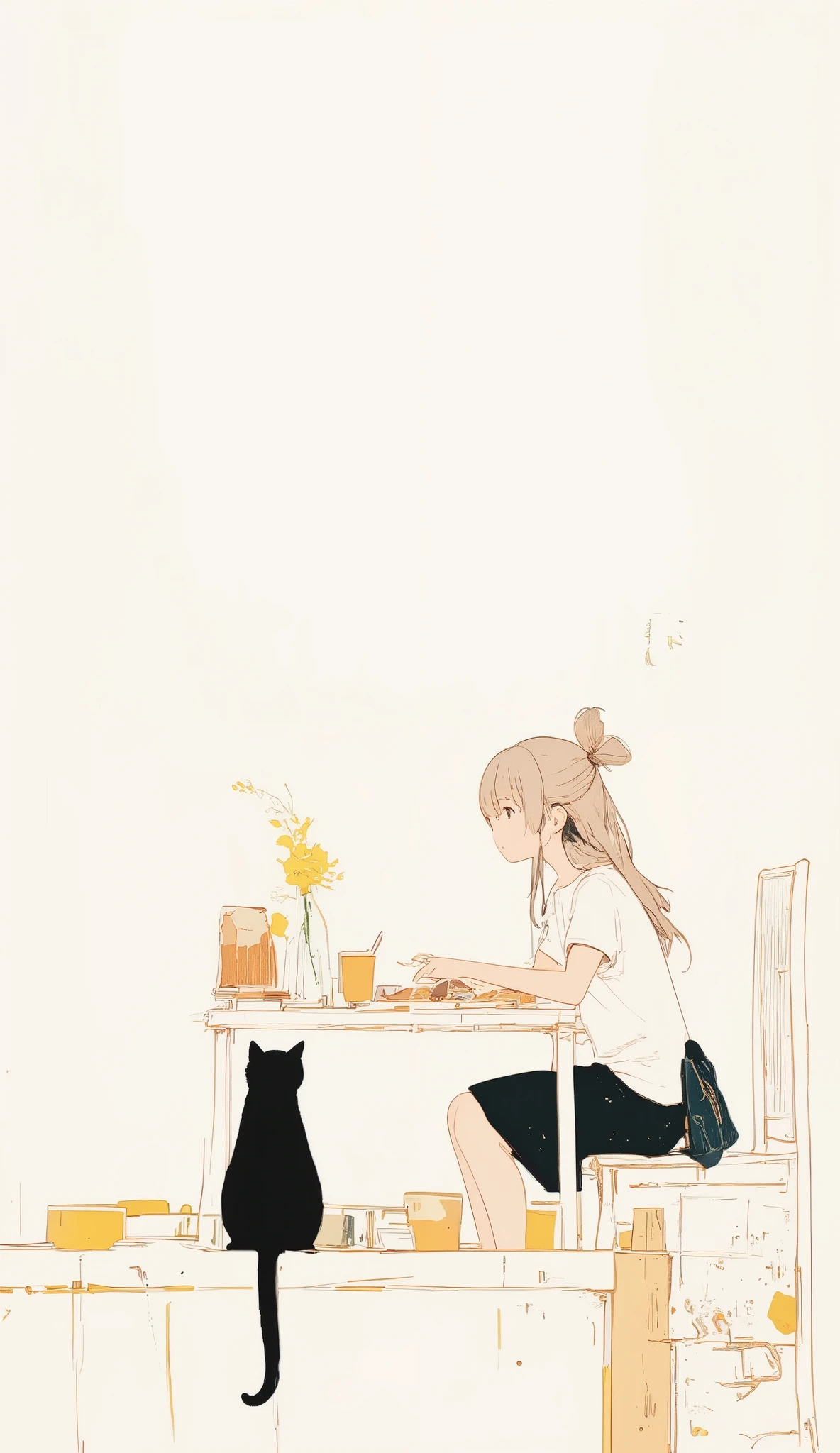  girl eating breakfast 、 ponytail、whiteＴ shirt、white食卓テーブル、 yellow Ichirin flower in the table vase、 one black cat sitting on the table 、 well-behaved black cat 