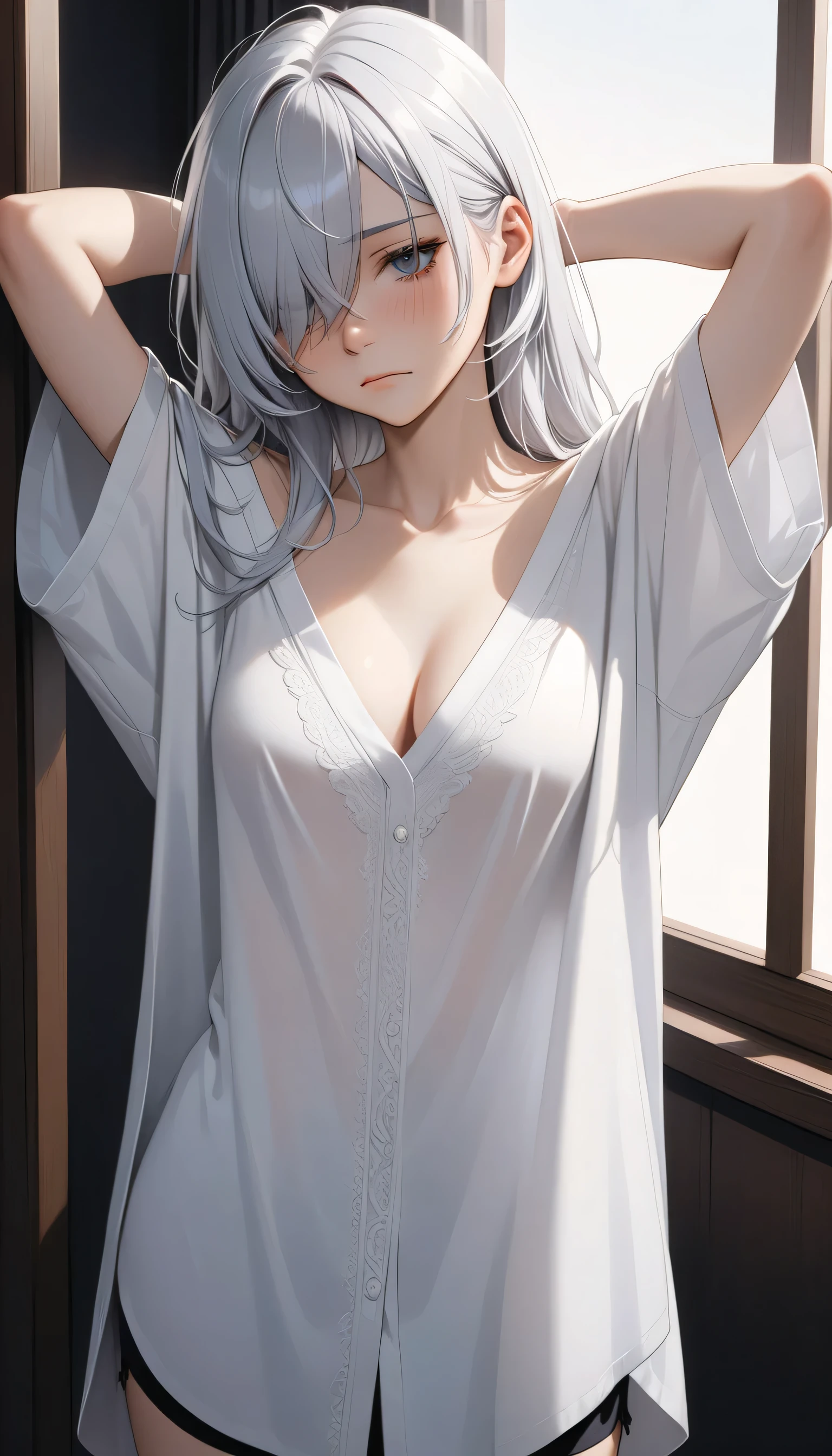 Character Details:, - Gender: 1 Girl.
- Style: Anime, - Body Type: Attractive body, slim body, nice legs, slim tights, nice arms, nice shoulders. - Breast: (Small Breast:1.2), (Cleavage:1.3), (Nipple:1.1), (Slip Nipple:1.1), (Milk), (White Milk), (White Goo:1.1), (White Sticky Goo Over Body:1.1), (White Goo over Face:1.1), (Sticky Liquid on Breast:1.4),.
- Facial Feature: Beautiful, Gorgeous, Teenager, Fresh, Young.
- Expression: Shy, Pink Blush on Face, Open Mouth, Pink Tongue, Sexy Eyes, Sexy Look, (Sweating:1.4), Innocent Look, Tipsy. - Hairstyle: Blunt Bangs, Long Hair. - Hair Color: (White Hair:1.5), (Cute Short Hair:1.3),
- Clothing: (School Uniform:1.6),). - Body Pose: (Sleep on bed:1.3),. - Behaviour: Waiting, Want Something, Secretly.
- Accessories: Earrings, No Hair Accessories, Environmental Details:, - Setting: Bed Room., - Lighting: Natural Light., - Decoration: Modern Bed, Chair, Window, White Curtain, City View. Top view. pov, anime style, UHD, retina, masterpiece, accurate, anatomically correct, textured skin.