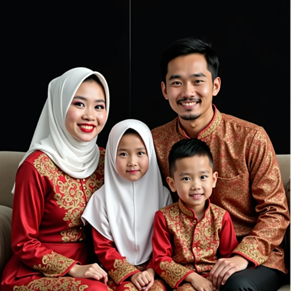 a poster to wish hari raya, with a family celebrating, very happy, with traditional outfit on, hari raya, at home, girl with tudung