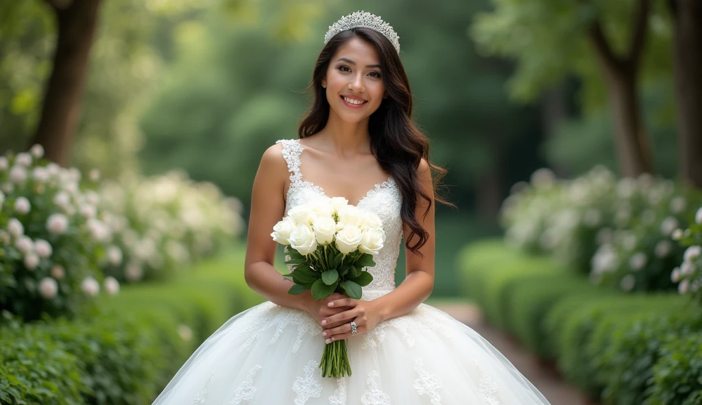 Una foto de cuerpo completo de la princesa ., By the chestnut, brown eyes, vestido de una princesa real, en rosado+dorado , busto S, teniendo en la mano un bouquet de rosas. Fondo: Bosque hermoso donde hay un rio. Motor irreal 5, animado, animado style, Obra maestra, ojos bien dibujados, cara bien dibujada, ojos bien detallados, cara bien detallada, 8k, efecto de luz y sombra.  