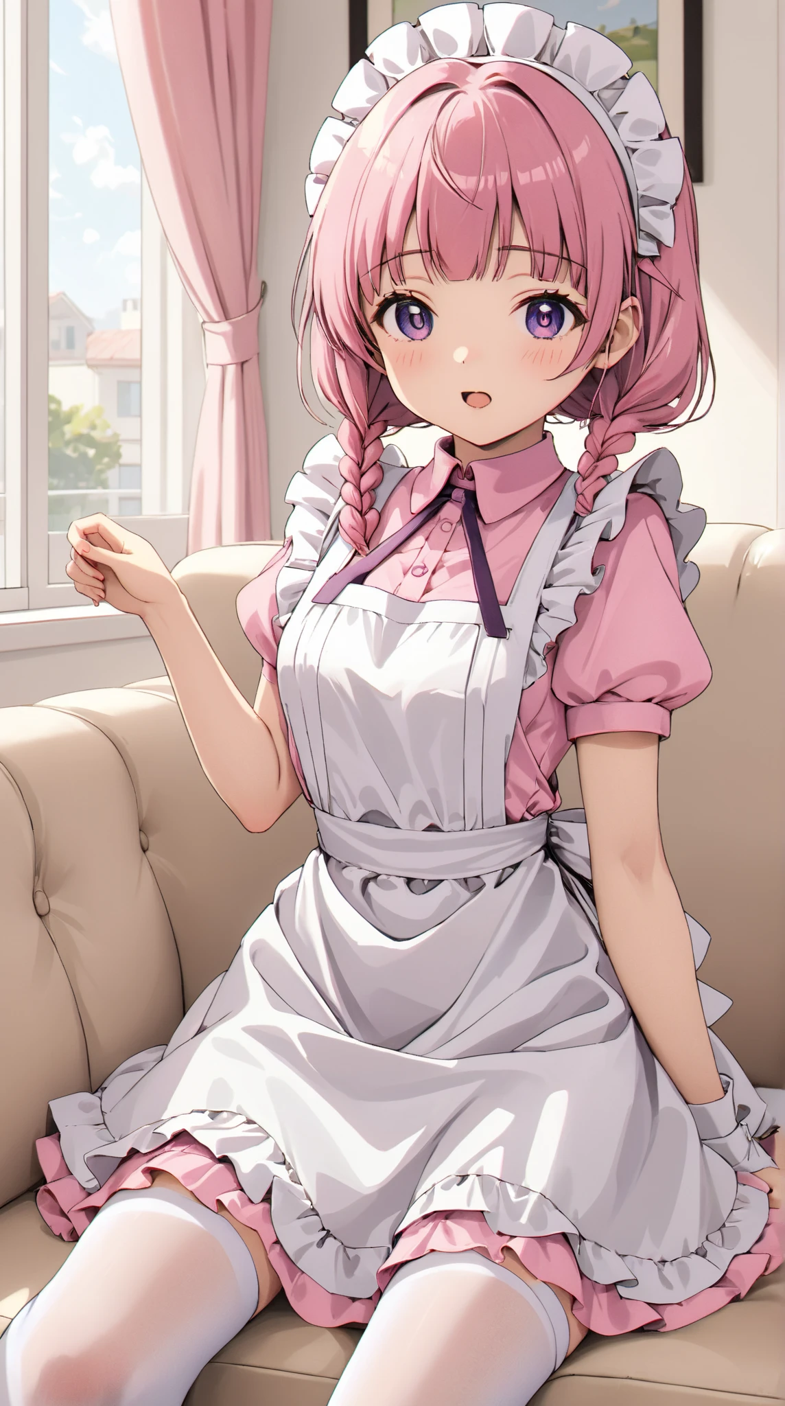Upper body close-up(((masterpiece),""A cheerful young woman dressed in a detailed pink and white maid outfit, featuring layered ruffles, a white apron tied at the back, and white stockings. She has braided hair, a headband resembling a maid's cap, and is striking a playful and dynamic pose on a beige sofa. The setting appears indoors, with pastel tones complementing the outfit. The overall mood is lighthearted and vibrant, emphasizing a cute and lively aesthetic."