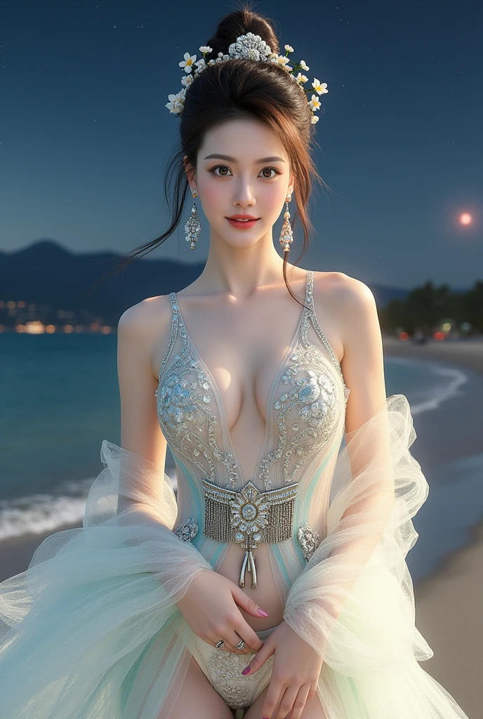glowing, ((whole body)), ((from below)), Yushuxin,1 girl,alone, ((stand up, leaning on ledge)), ((lean forward)), ((The features are clear, clear face, clear face)), ((bare shoulders)),red lips, cosmetics, close-up, elegant姿势, seductive pose, Perfect Curve, Slim, Sexy, big breasts, split, beautiful legs, charming gaze, bite lip, messy long hair, Simple and casual scene, Very detailed, Ultra-clear, best quality, official art, exquisite earrings, exquisite necklace, Very detailed description, Super beautiful painting, Sophisticated functionality, elegant, beautiful, Super fine details, masterpiece, Authentic texture, Realistic movie lighting, masterpiece, best quality
