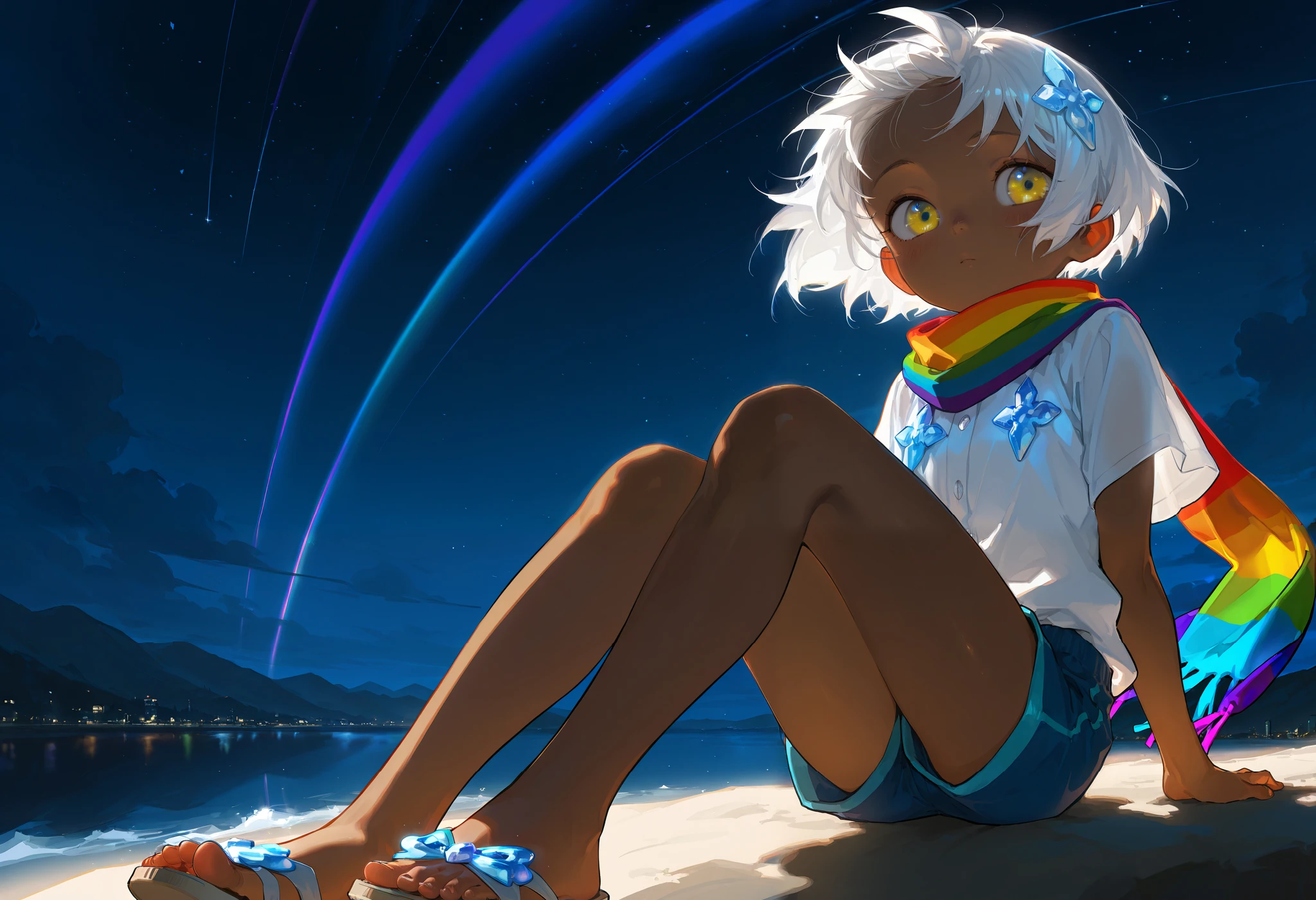 Focus on the background, solo, score 9, score 8, score 7, Best quality::2.5, artwork::2.5, Masterpiece::2.5, Beautiful features, good anatomy, realistic look, beautiful details, Atmospheric features, Close up, detailed eyes, Night, rodecchi, , Little, cute, Brown skin, (White hair), Short hair, ((Big bangs)), beautiful hair, (Bright yellow eye), gojo eyes, (Rainbow scarf), Just a scarf tie, (White shirt), Medium sleeves, medium sleeved shirt, (Blue crystal ornament on shirt), (blue shorts), medium shorts, sandal, Bare legs, Wind, Sitting, beautiful landscape, 