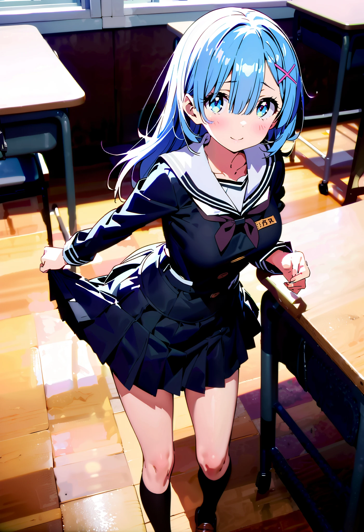 Rem, blue eyes, ブルーhair, hair ornament, hair, Hair Ribbon , ショートhair, x hair ornament, blush,smile, embarrassing,Black sailor suit, black mini pleated skirt ,Black socks,Brown loafers,Pull the skirt, skirt tag , miniskirt, flip through skirts alone, skirt lift,noon,whole bodyがイラストに入るように,
break looking at viewer,whole body,
break indoors, classroom,
break (masterpiece:1.2), best quality , high resolution, Unity 8K Wallpaper , (figure:0.8), ( precise and beautiful eyes:1.6), highly detailed face, PERFECT LIGHTING , very precise CG, (perfect hand, perfect anatomy),