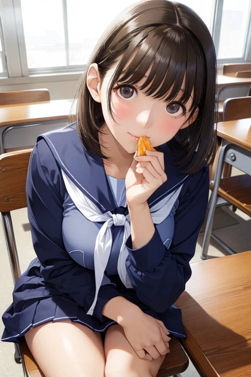 (((masterpiece, Highest quality, High resolution, 超High resolution, Perfect Pixel, Depth of written boundary, 4K, RTTX 10.0))), Beautiful Anime Women, Beautiful art style, Anime characters, ((Smooth texture, Realistic texture, Anime CG Style)), Exact finger count、Exact number of legs、(Exact number of arms:1.0, Exact number of hands:1.0), (Perfect hands, Perfect Anatomy.1.5), Cinematic, Realistic, Extremely detailed CG, Daytime lighting, Perfect lighting, Best Shadow, The best natural light, Perfectly balanced style, Perfect body, (Slender body:1), whole body, ((bangs, Dark brown hair, Bobcut)), ((One woman is licking an ice cream candy in her hand.:1.4)), ((Beautiful eyelashes)), ((Detailed face, Blushing:1.2)), (Beautiful and big breasts), (School classroom:1.3), (Fashionable white shirt, Sailor collar, Navy blue sailor suit, Knee-high socks, Navy pleated mini skirt:1.3), (Please open your mouth wide:1.5), ((close your eyes:1)), ((cute, Sighing expression)), (Sexual pleasure facial expressions:1.4), (Facial expressions that put up with the toilet:1.2), Patience is the limit, On the brink of climax, Angle from the front