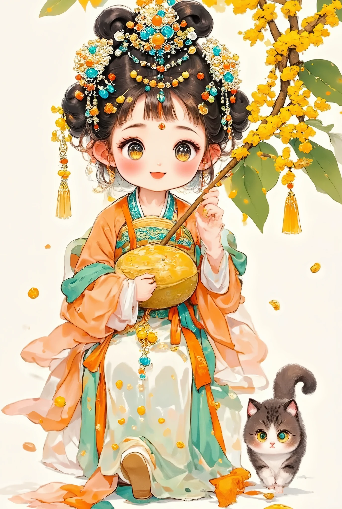 ( masterpiece, Premium quality:1.2), cartoon style character design , 1 woman holding an umbrella, Unique , big eyes, with cute expressions ,surprise, Two hairpins , Chinese clothing