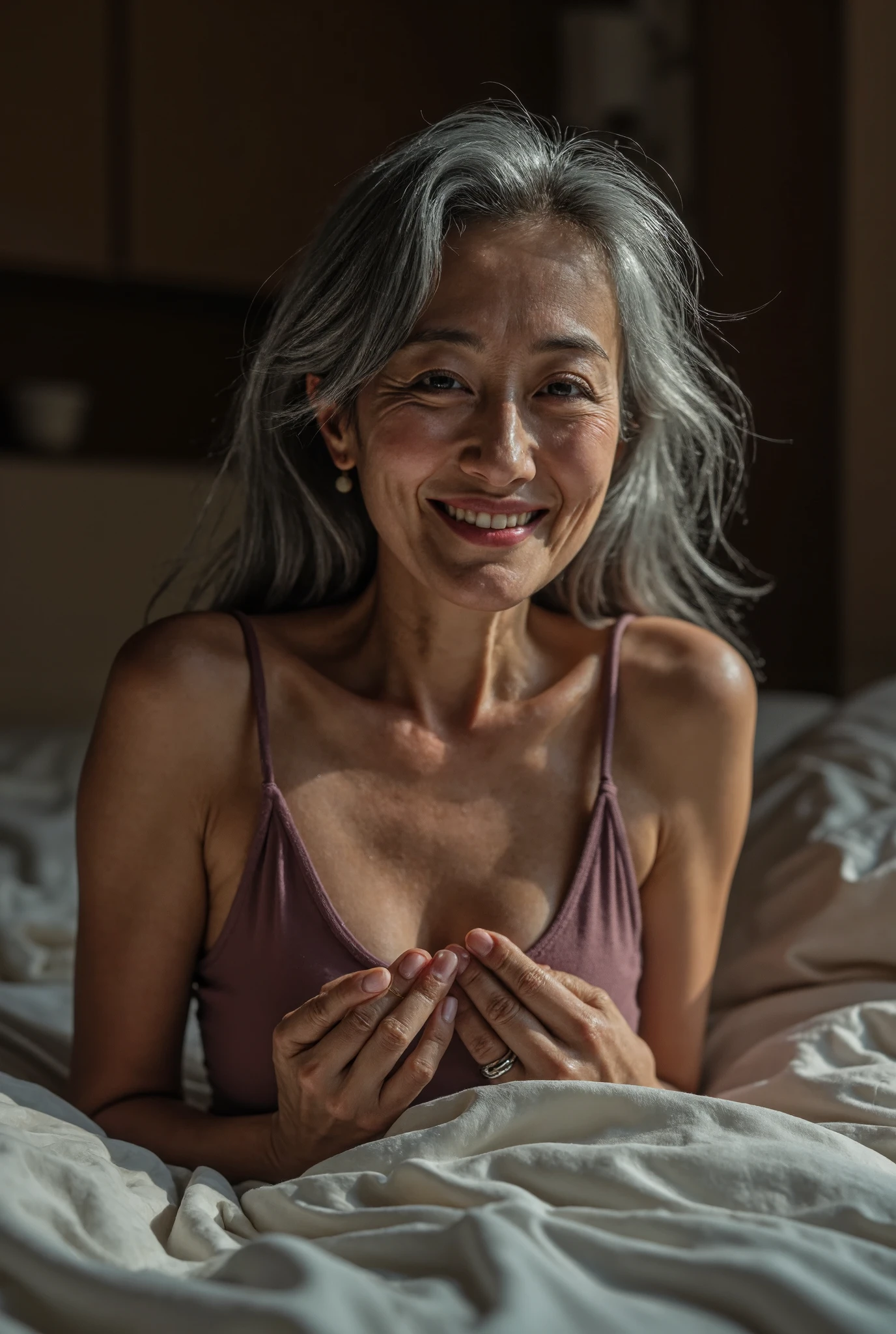 photorealistic、 full body image 、60 years old、 Japanese、Beauty、 charismatic super high class hooker 、 sweaty body、 with a thin and poor body、 damaged gray hair 、Heavy makeup、 Small Wrinkles, Freckles, and Moles on the Skin 、Wedding Rings、Happy smile、On a bed of crinkled sheets illuminated by moonlight、super high class brothel
