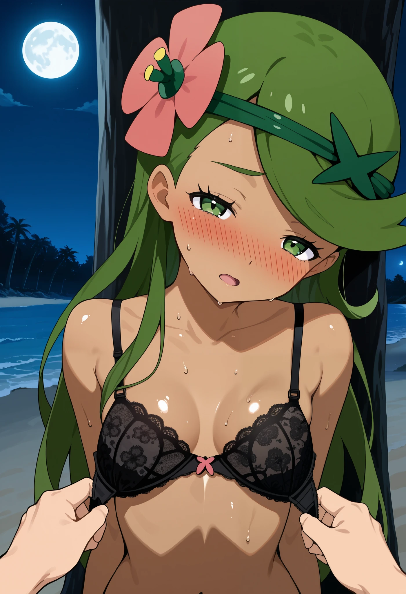score_9, score_8_up, score_7_up, source_anime, mallow, 1girl, solo, long wave hair, bangs, hair ornament, green eyes, half-closed eyes, wet eyes, flower, green hair, hair down, hair flower, dark skin, dark-skinned female, swept bangs, lovely small breasts, naked body, mallow (pokemon), sweat, female organism, open mouth,  looking at viewer,  head tilt,  nose blush, blush, nude, outdoor, beach, night time, moon, late night, shiny skin, tree, against tree, standing , upper  body, 1girl, 1boy (faceless, hands pov,  hands on girl's black lace bra, 
holding girl's bra,  pulling down girl's bra ). Dutch angle. 