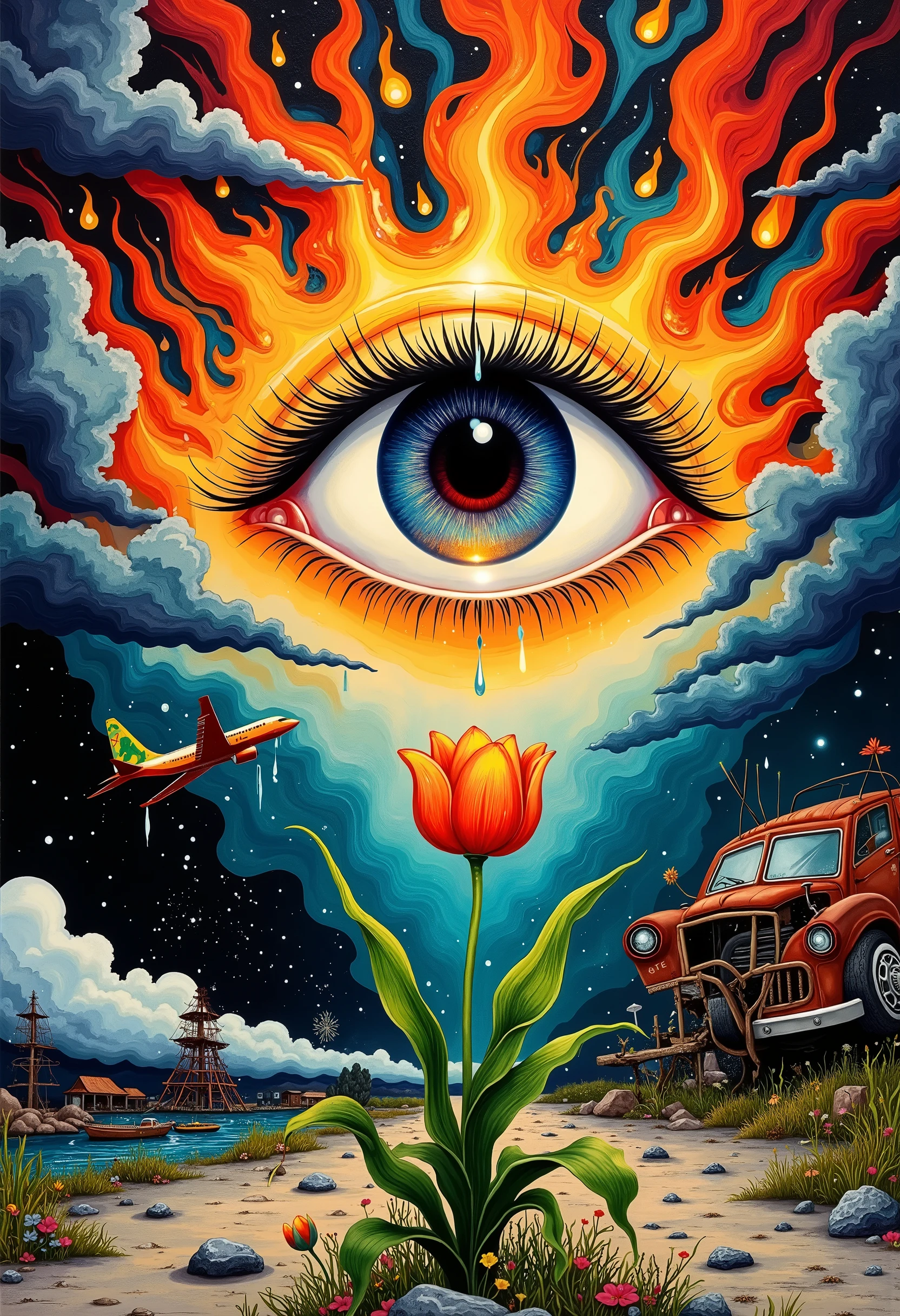  painting an eye ， with the inside reflecting the Kahlo wine ,  dark.  The background has fire and a falling plane , And a rusty 、 of an unusable car ， There is a tulip in the middle  . The eyes are crying，